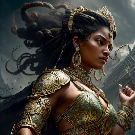 ultra-detailed, (photorealistic: 1.37), Caucasian woman, black hair flowing in the wind, warrior woman wielding various divine weapons, BATTLE AGAINST demons and zombies, gold ornaments, pearls and precious stones, Supreme Goddess, smoke and dust, epic atmosphere , heroic pose, excellent lighting