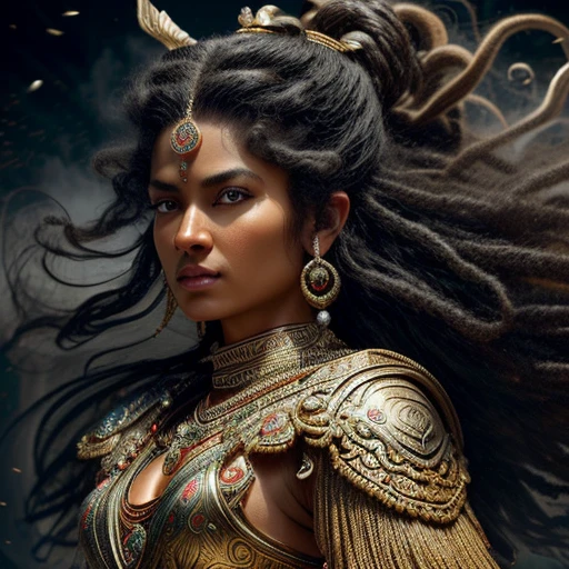 ultra-detailed, (photorealistic: 1.37), Caucasian woman, black hair flowing in the wind, warrior woman wielding various divine weapons, BATTLE AGAINST demons and zombies, gold ornaments, pearls and precious stones, Supreme Goddess, smoke and dust, epic atmosphere , heroic pose, excellent lighting