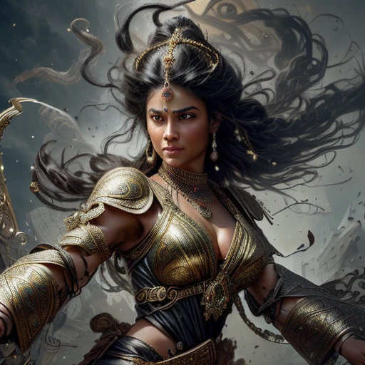 ultra-detailed, (photorealistic: 1.37), Caucasian woman, black hair flowing in the wind, warrior woman wielding various divine weapons, BATTLE AGAINST demons and zombies, gold ornaments, pearls and precious stones, Supreme Goddess, smoke and dust, epic atmosphere , heroic pose, excellent lighting