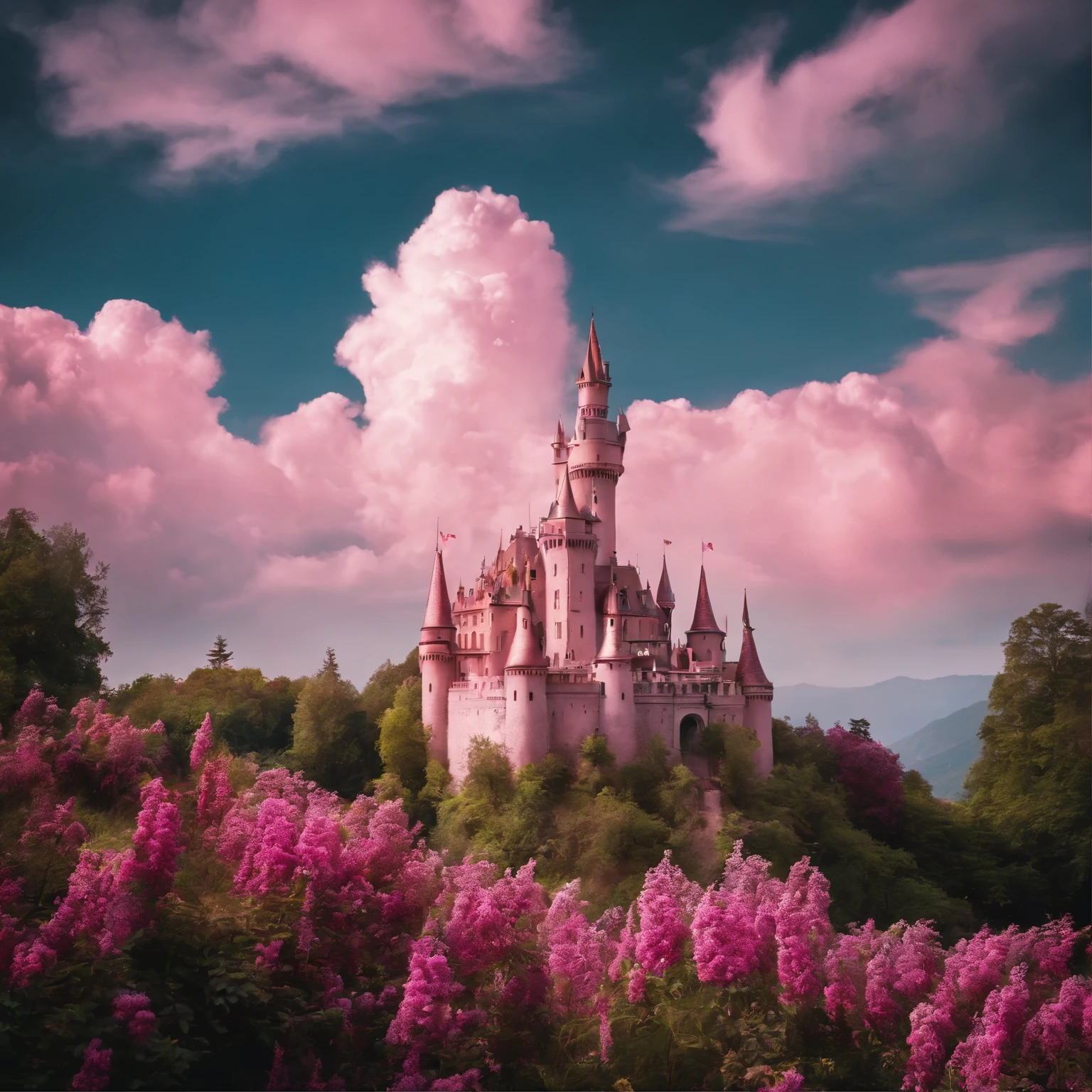 castle on the cloud, multi colors cuttoncandy cloud, in fairyland, dreamy and romantic, dreamy atmosphere and drama, very magical and dreamy, dreamy scenes, heaven pink, on cloud, the sky is pink, Heaven, in the white clouds fairyland, magical dream-like atmosphere, Dreamy and ethereal, still from a music video