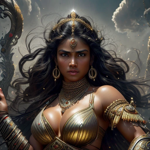 ultra-detailed, (photorealistic: 1.37), Caucasian woman, large breasts, black hair flowing in the wind, warrior woman wielding various divine weapons, BATTLE AGAINST demons and zombies, gold ornaments, pearls and precious stones, Supreme Goddess, smoke and dust , epic atmosphere, heroic pose, excellent lighting