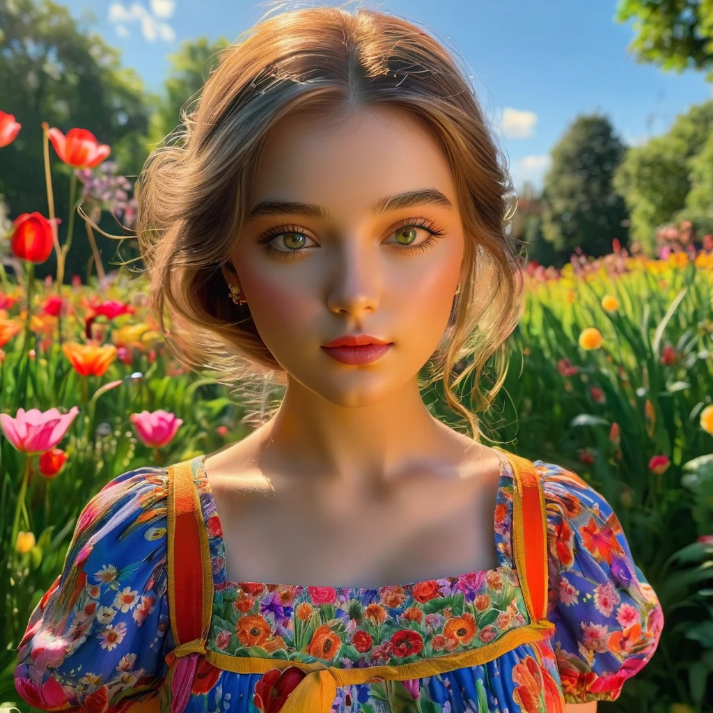 An insanely detailed, ultra-detailed, hyper-realistic masterpiece:1.2, in the Dollette style:1.1. It depicts a scene of a girl standing in a vibrant garden. The girl has beautiful detailed eyes, beautiful detailed lips, and an extremely detailed face. Her long eyelashes add to the realism of the image. She is wearing a colorful summer dress that flows gracefully in the wind. The girl is surrounded by an abundance of colorful flowers, including roses, daisies, and tulips. The garden is filled with lush green grass and tall, swaying trees. The sunlight shines through the leaves, creating a beautiful play of light and shadow. The vivid colors of the flowers and the lush scenery bring the scene to life. The image is captured in stunning HDR, providing rich and vibrant colors. The level of detail in the image is so high that every petal of each flower and every blade of grass is sharply in focus. The Dollette style further enhances the realism and depth of the image, adding a touch of magic to the scene. The overall color tone of the image is warm and inviting, with a slight golden hue. The lighting in the scene is soft and diffused, creating a dreamy atmosphere. The combination of the highest quality resolution, ultra-detailed elements, realistic style, vibrant colors, sharp focus, and Dollette style results in a truly breathtaking and awe-inspiring masterpiece.