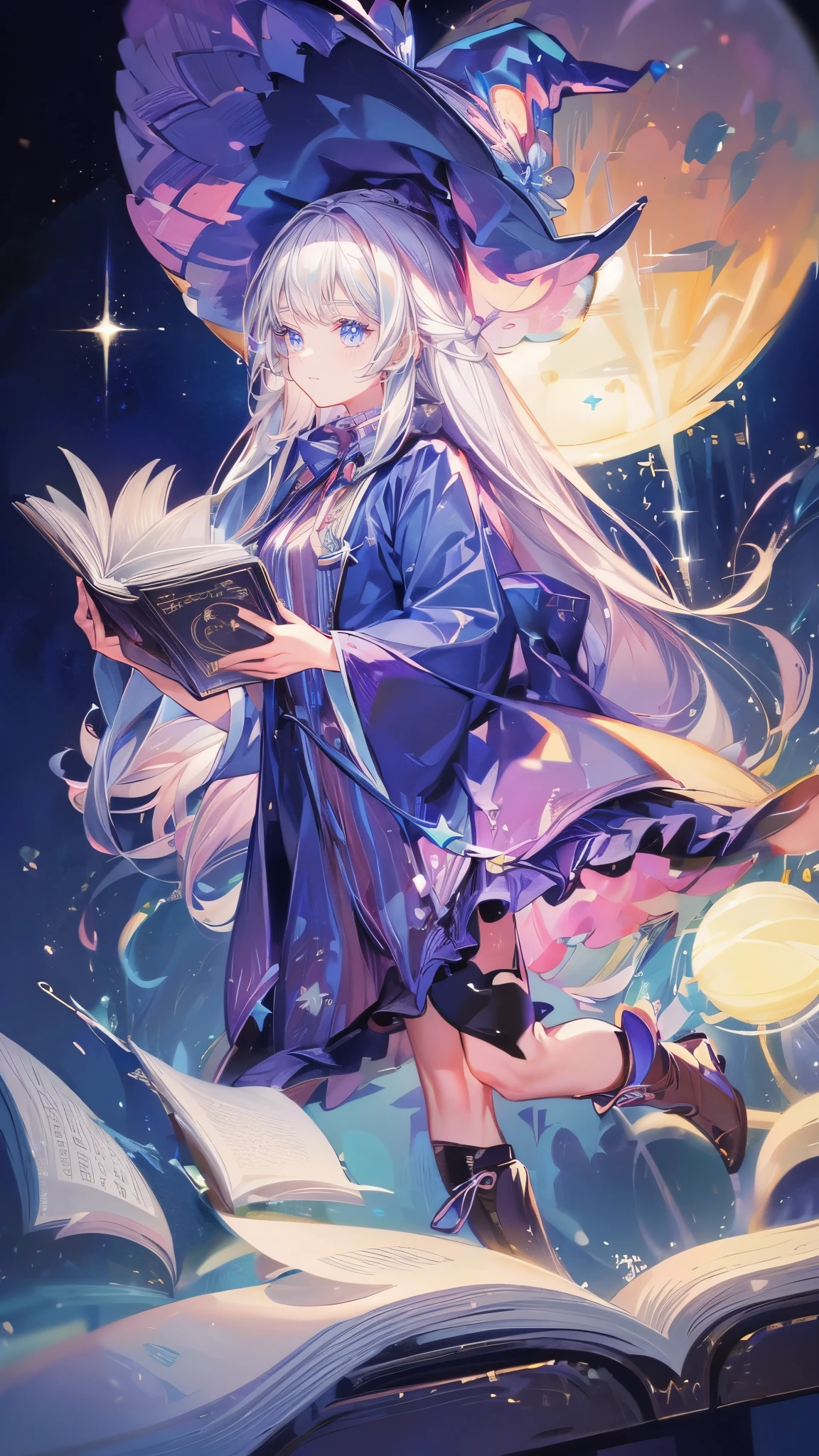 ((magic使いの女の子:1.5)), Full body shot,perfect face, beautiful face, highly detailed face,(long hair:1.3),(witch hat:1.3),boots,Witch's broom,magicの杖,book of magic,night sky,たくさんのstar,shine,Light,smile,magic,Sparkling,月Light,starの粒,star々,moonlight,流れstar
