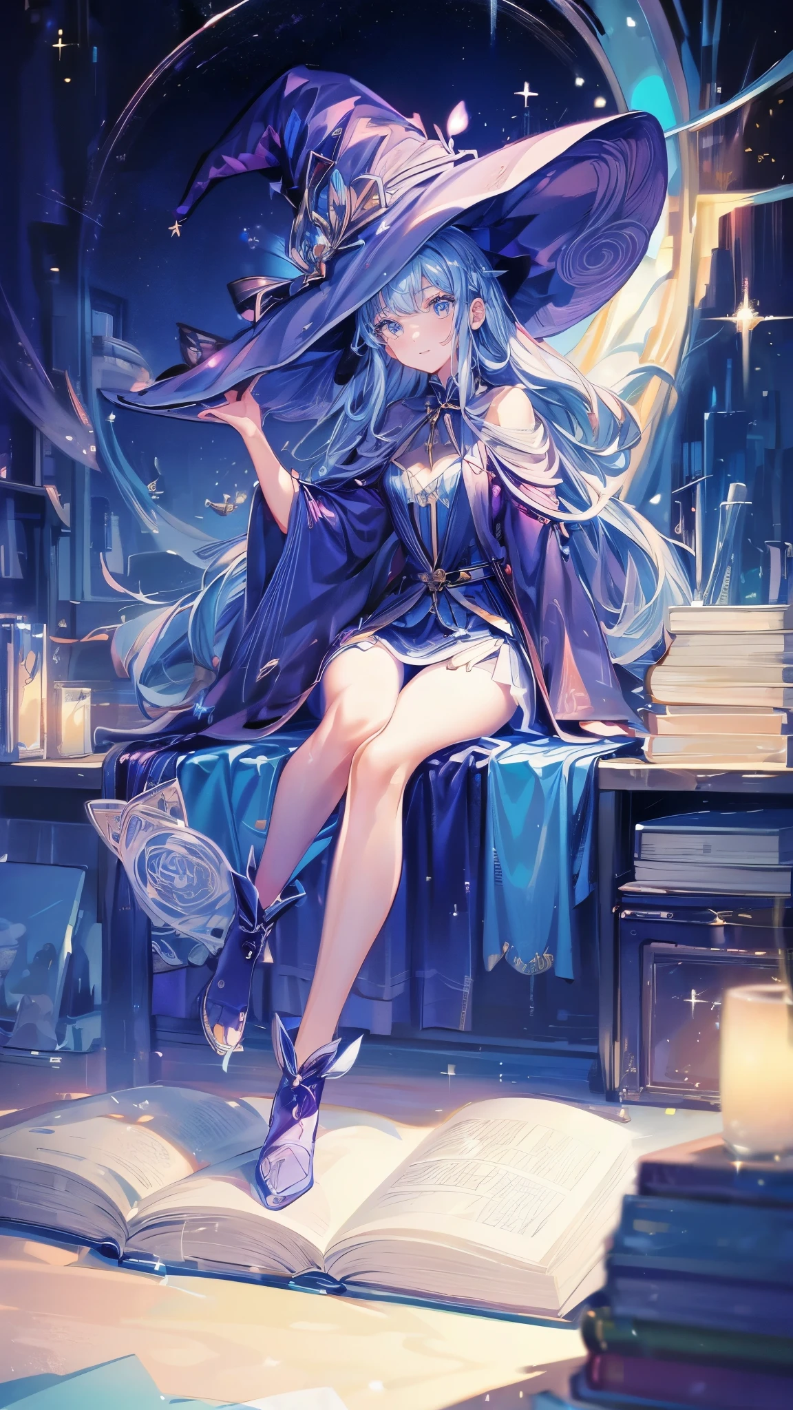 ((magic使いの女の子:1.5)), Full body shot，perfect face, beautiful face, highly detailed face，(long hair:1.3)，(witch hat:1.3)，boots，Witch's broom，magicの杖，book of magic，night sky，たくさんのstar，shine，Light，smile，magic，Sparkling，月Light，starの粒，star々，moonlight，流れstar