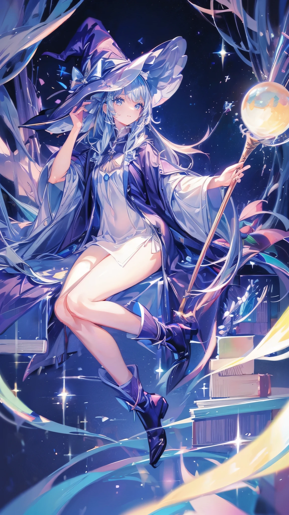 ((magic使いの女の子:1.5)), Full body shot,perfect face, beautiful face, highly detailed face,(long hair:1.3),(witch hat:1.3),boots,Witch's broom,magicの杖,book of magic,night sky,たくさんのstar,shine,Light,smile,magic,Sparkling,月Light,starの粒,star々,moonlight,流れstar
