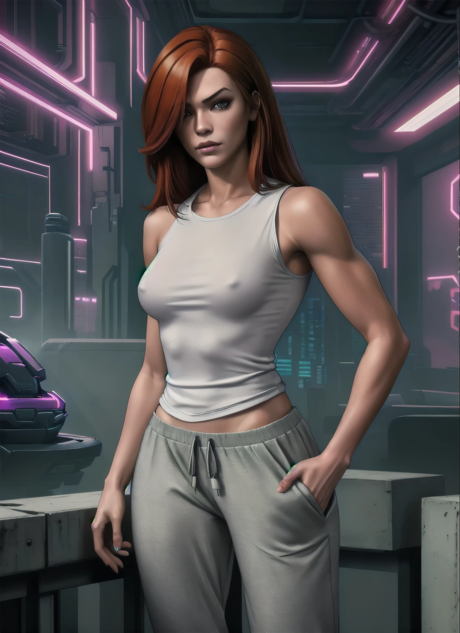 masterpiece, detailed, best quality, award-winning photo, attractive, cyberpunk bounty hunter merc, attractive woman, perfect features, perfect face no errors,  shoulder length auburn hair,  tight white T-shirt braless with grey sweatpants, casual wear, small breasts, 