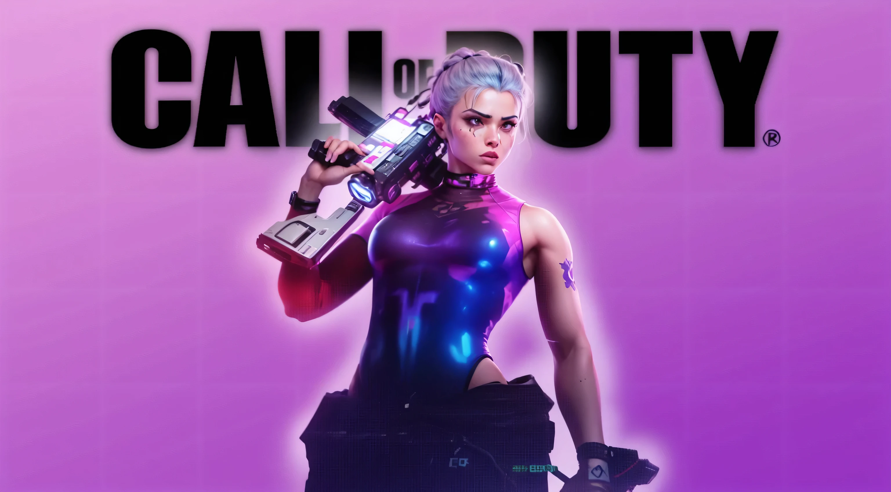 um close de uma pessoa segurando uma arma e um telefone celular, appreciation style, Call to action, capa do jogo, tema violeta do campo de batalha, appreciation game style, como um personagem fortnite, no estilo de Apex Legends, em um aliado cyber - punk, appreciation character, appreciation, capa de um novo videogame, video capa do jogo