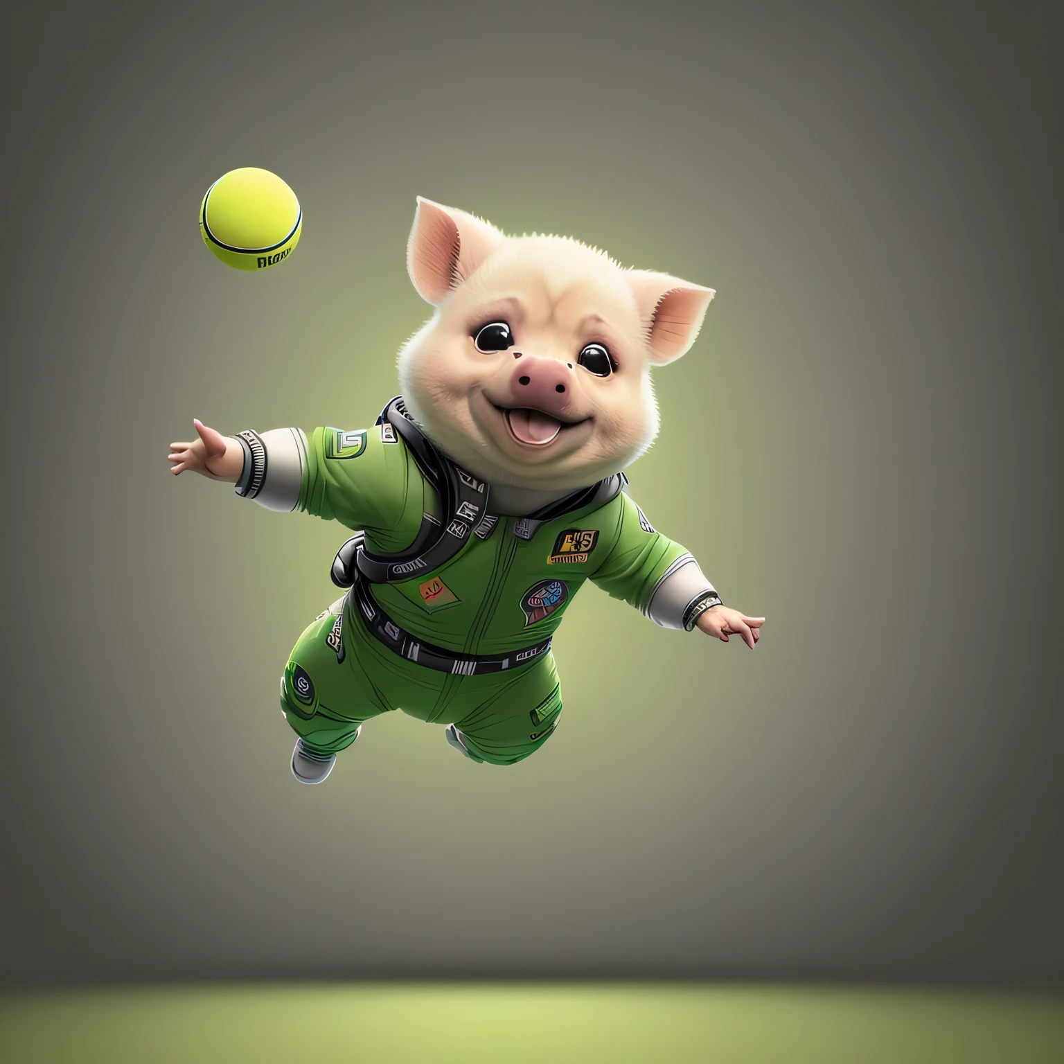 (papel de parede extremamente detalhado da unidade CG 8k, obra de arte, melhor qualidade, super detalhado), bonitinho, dynamic angle, bonitinho piggy, mascote, fundo infinito, humanoid, bonitinho face, jaqueta verde, black pants, tennis,