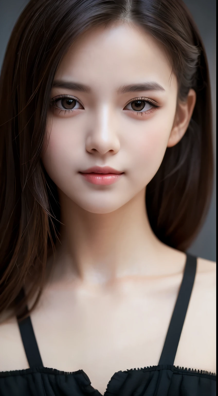 masterpiece, highest quality, Raw foto, photorealistic, smile, beautiful girl, cute, Hair up, Depth of the bounds written, High resolution, Super detailed, details, highly detailed eyes and face, mesmerizing black eyes, Realistic pupils, sharp focus, Cinematic lighting, upper part of the body, face on camera
