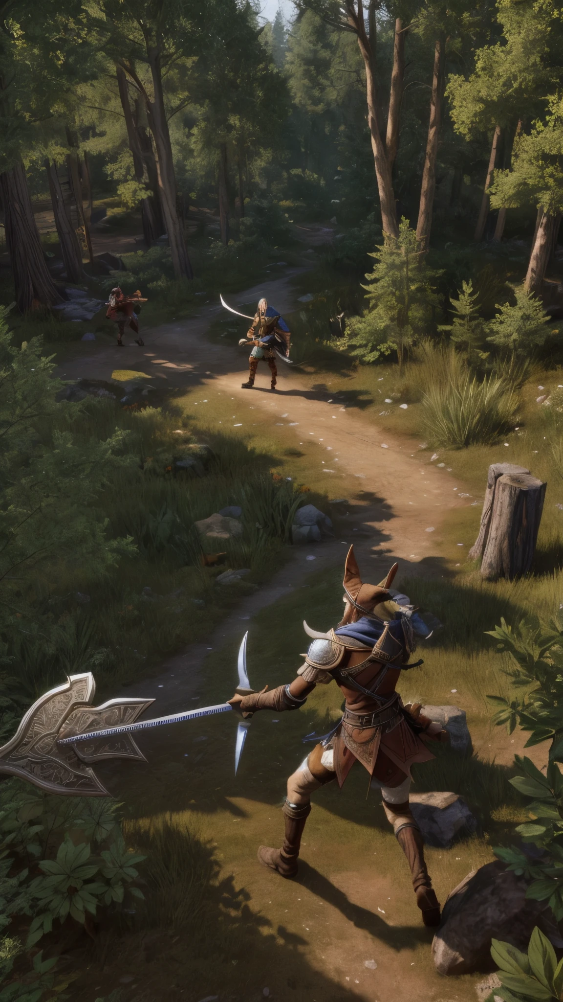 Baldurs Gate 3, an elf with a jackal chest, in a forest clearing, training with a sword