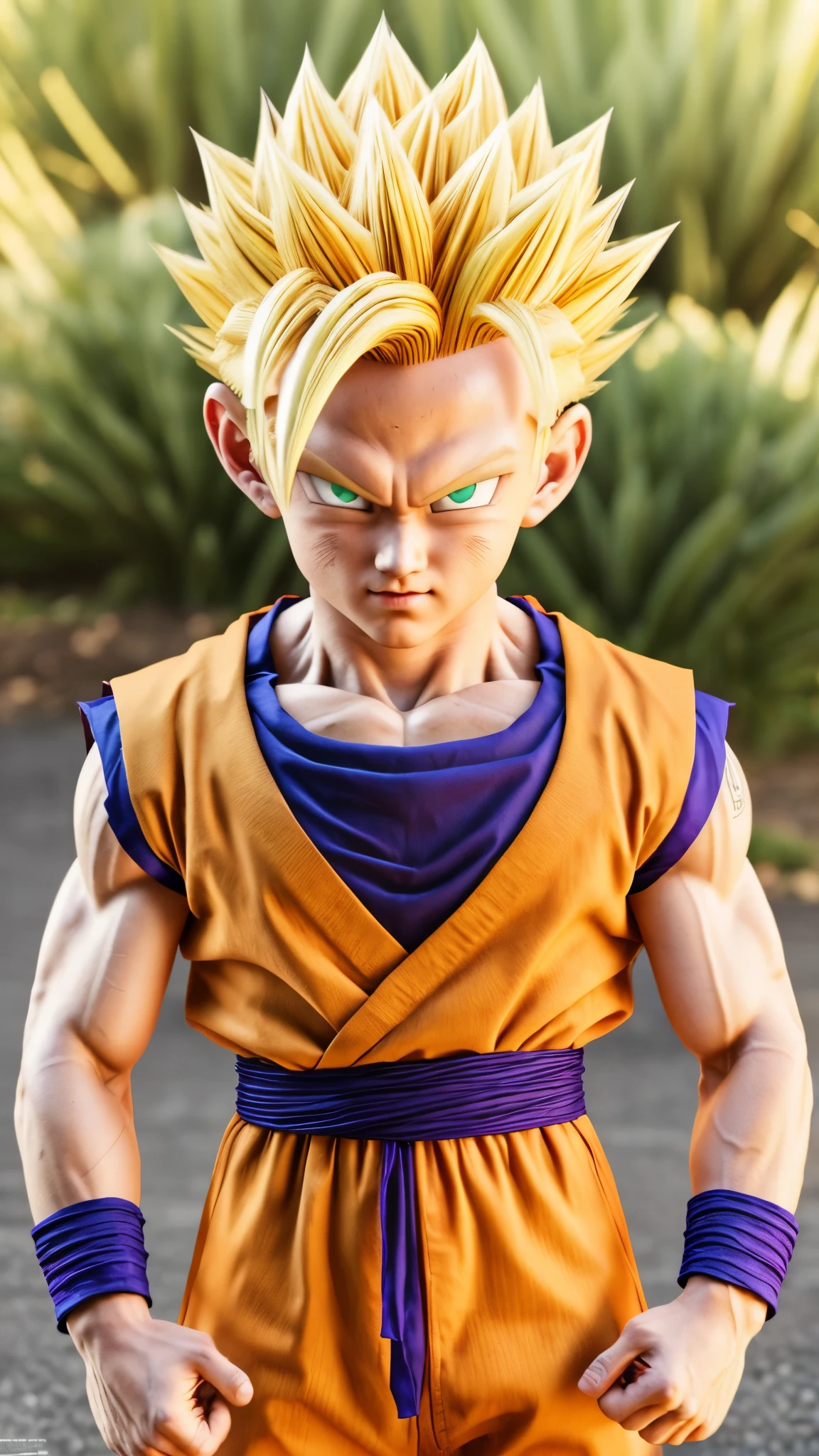 GOHAN,SUPER SAIYAN 2,GREEN EYES,BLONDE HAIR,SPIKED HAIR,PURPLE DOUGI/ORANGE DOUGI, teen gohan, Young gohan, long short hair, realistic, photorealistic, hiperrealistic, hiperrealism, 18k, extreme details, extreme texture details