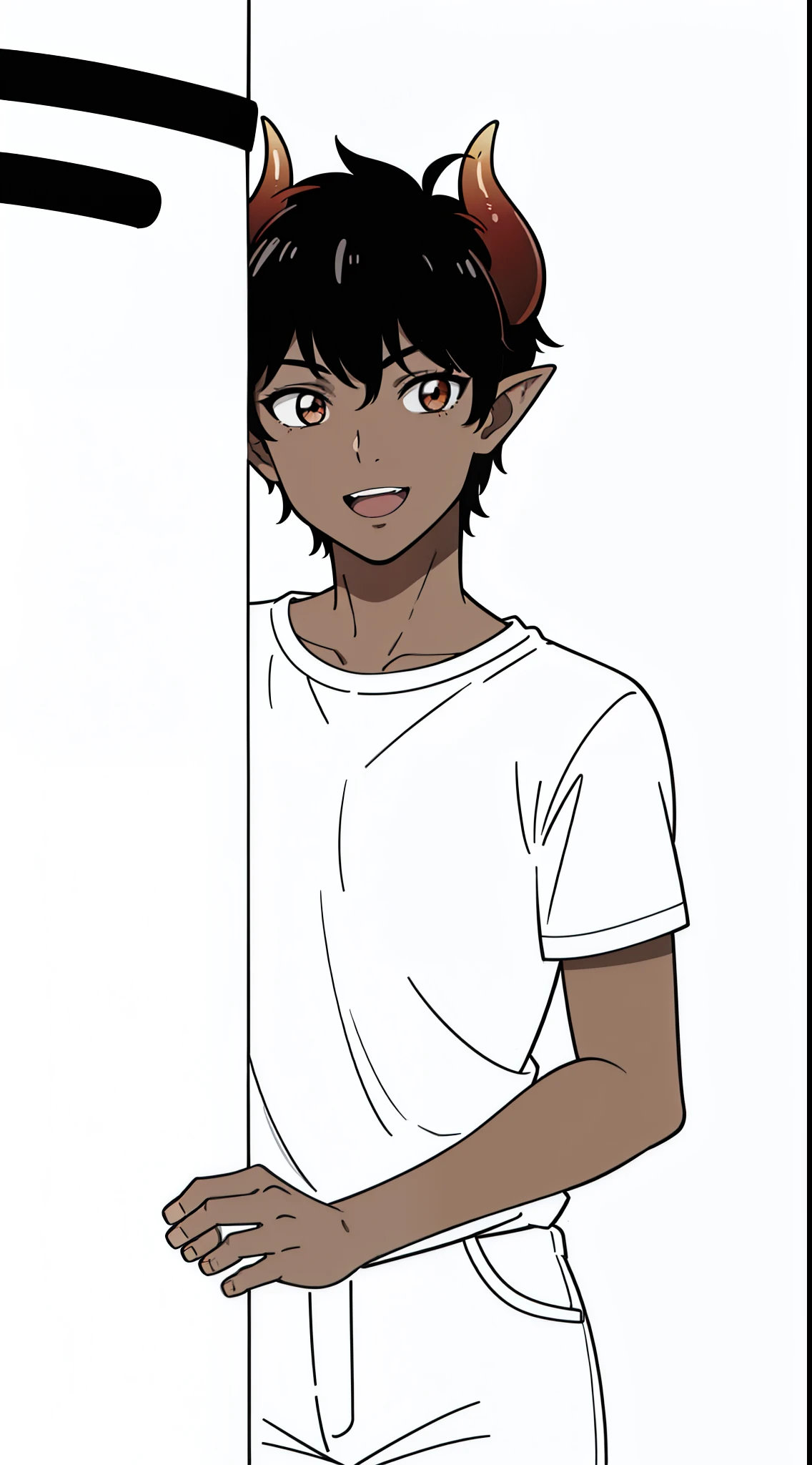 1boy,8 years,solo,((dark skin)),white shirt,short sleeves,white shorts,black hair,elf ears,(horns),cowboy shot,(white background,line drawing),(peeking out upper body),in a train,smile,open mouth,upper body