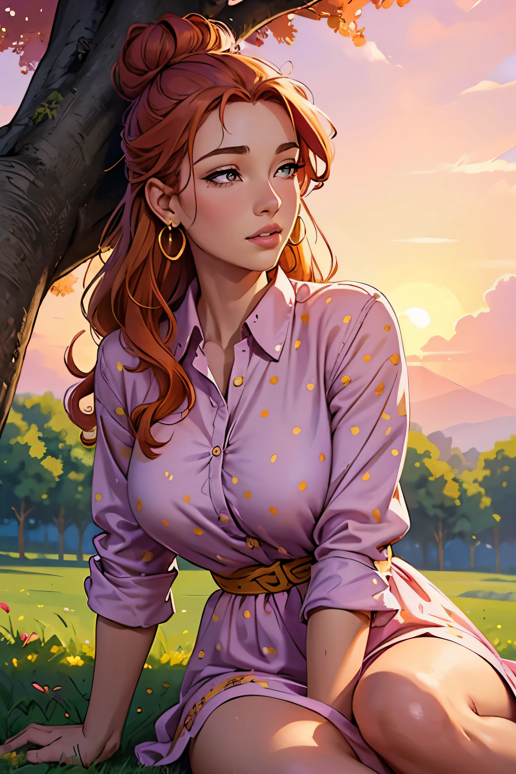 beautiful girl, long purple polka dot shirt, curly hair bun, orange hair, gold earrings, under a tree, setting sun, summer time, green grass, pink sky, enjoyment, soft brush strokes, oil painting, vibrant colors, high resolution, detailed facial features, expressive eyes, delicate lips, relaxed posture, warm lighting, tranquil atmosphere