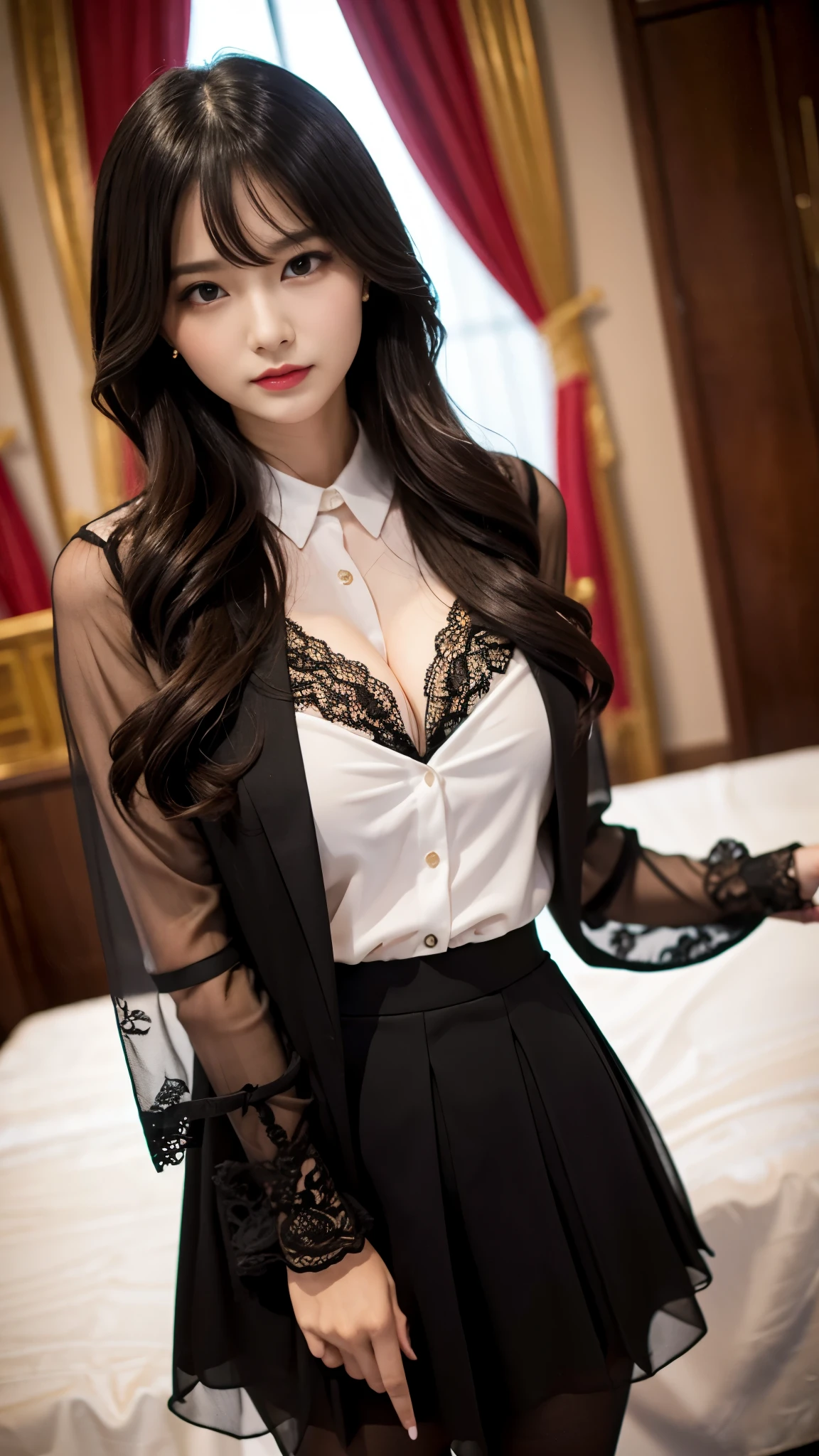 ltra-detailed、Japanese、attractive beauty、seductive adult woman、Dainty woman、piercing eyes、cool girl、wavy hair、suit、black chiffon、lacy fabric、wide sleeves、Jacket、white blouse、flare skirt、pantyhose、Glossy legs、Evil cadres、evil depravity、brainwash、mind control、left hand holding lipstick、smirk、wicked look、evil、empty eyes、wicked、darkness church、Seductive pose、