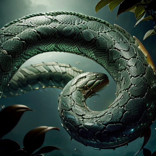 ultra-detailed, (photorealistic: 1.37), Jormungandr serpent with scales wrapping around the earth eating his own tail, excellent lighting