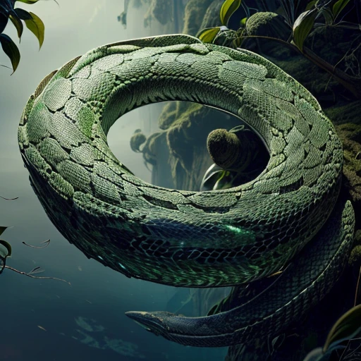 ultra-detailed, (photorealistic: 1.37), Jormungandr serpent with scales wrapping around the earth eating his own tail, excellent lighting