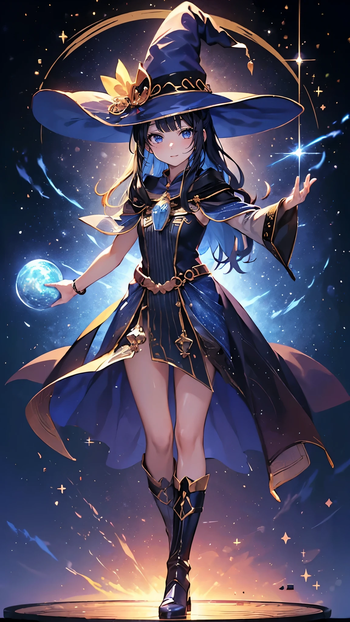 ((magic使いの女の子:1.5)), Full body shot,perfect face, beautiful face, highly detailed face,(long hair:1.3),(witch hat:1.3),boots,Witch's broom,magicの杖,book of magic,night sky,たくさんのstar,shine,Light,smile,magic,Sparkling,月Light,starの粒,star々,moonlight,流れstar