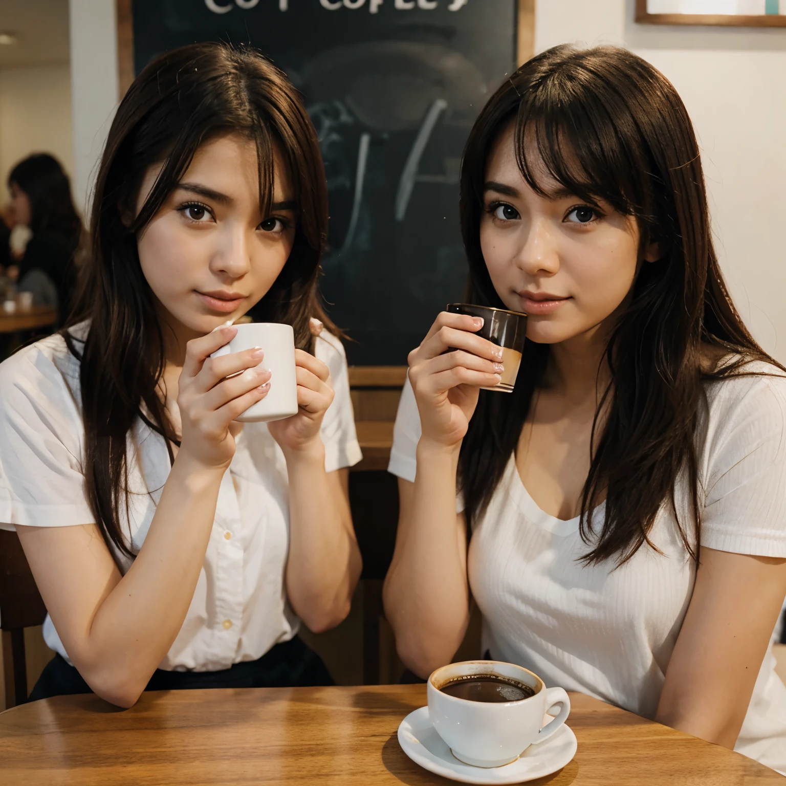 Two girls drinking coffee anime