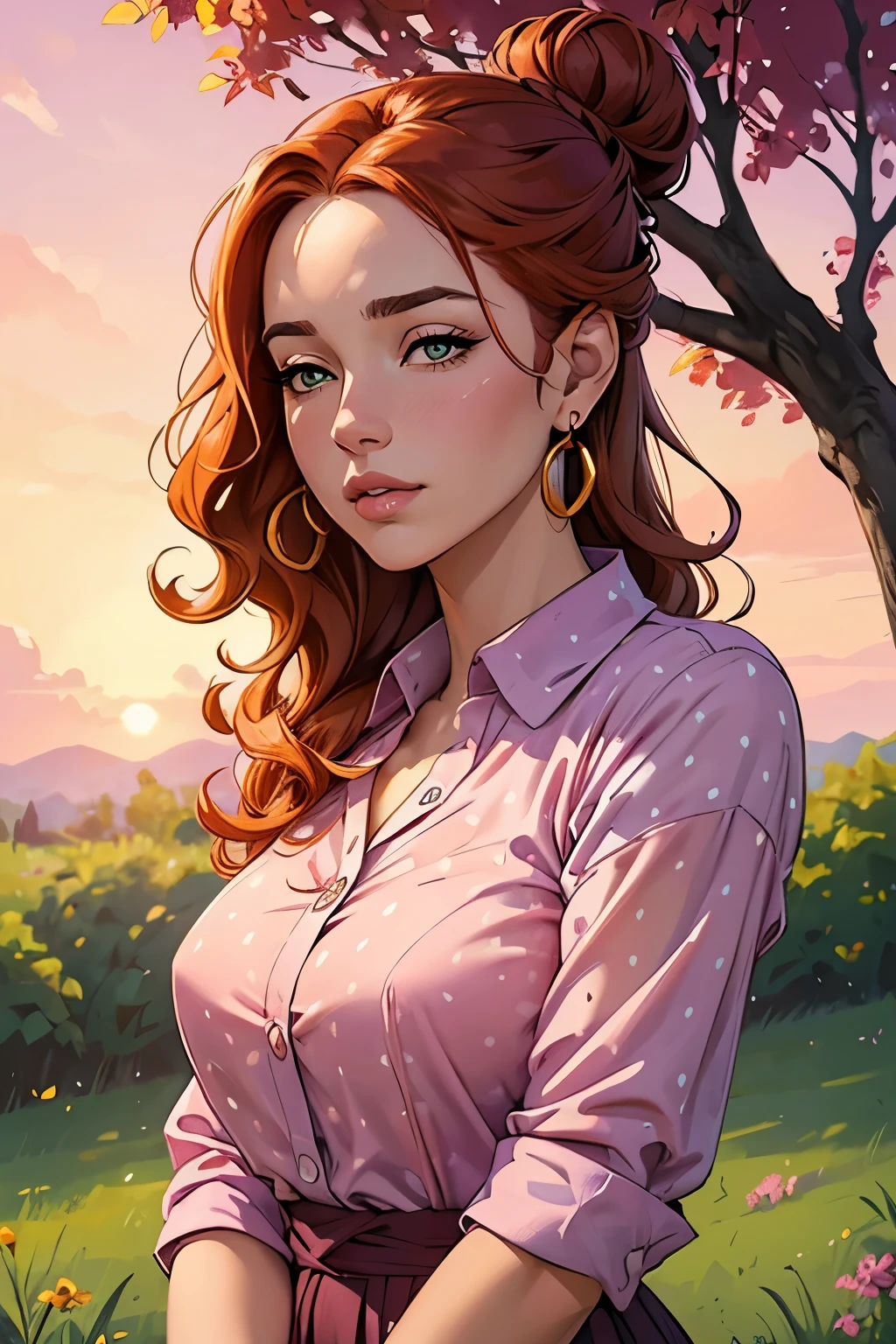 beautiful girl, long purple polka dot shirt, curly hair bun, orange hair, gold earrings, under a tree, setting sun, summer time, green grass, pink sky, enjoyment, soft brush strokes, oil painting, vibrant colors, high resolution, detailed facial features, expressive eyes, delicate lips, relaxed posture, warm lighting, tranquil atmosphere