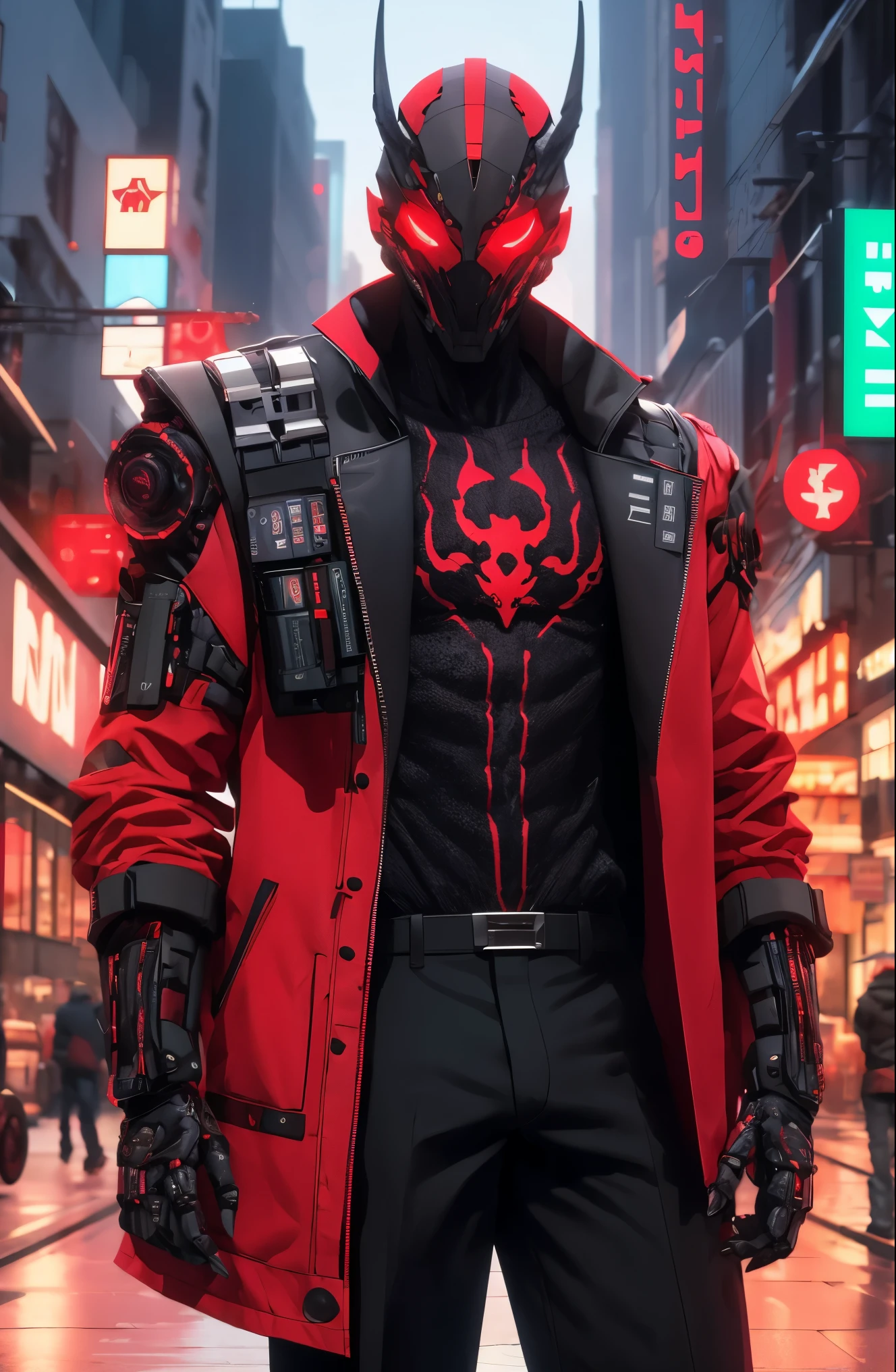 un hombre con una chaqueta roja con blanco y pantalones negros parado en una ciudad futurista, ojos verdes como si fueran LEDs, disfraz de colores oscuros, personaje del juego de lucha, asesino ciberpunk, mago con capucha negra, ropa ciberpunk, vistiendo una armadura de asesino de cuero, chaqueta roja genial, secuaz de la calle cyberpunk, Robotic Mask