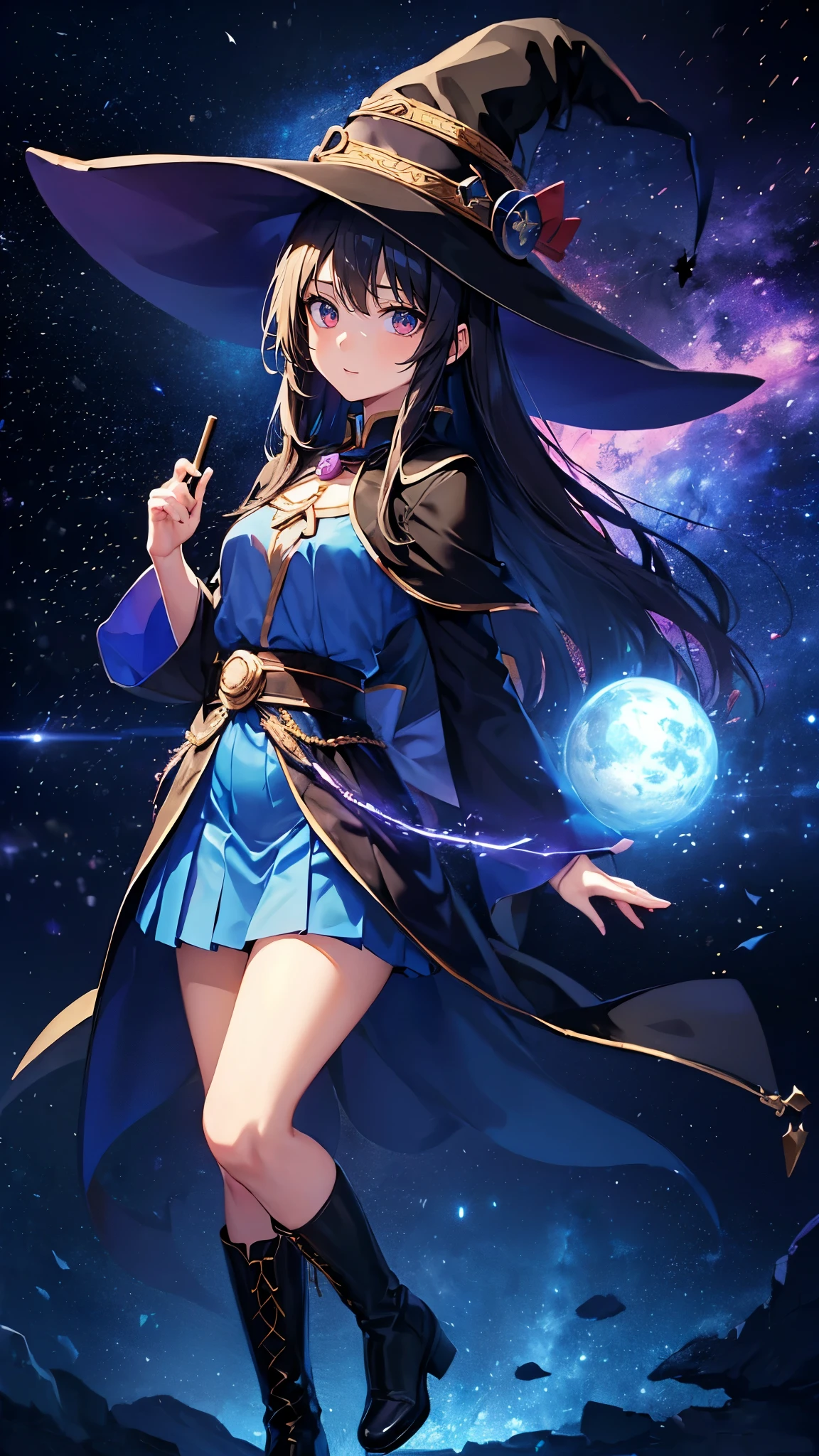 ((magic使いの女の子:1.5)), Full body shot，perfect face, beautiful face, highly detailed face，(long hair:1.3)，(witch hat:1.3)，boots，Witch's broom，magicの杖，book of magic，night sky，たくさんのstar，shine，Light，smile，magic，Sparkling，月Light，starの粒，star々，moonlight，流れstar