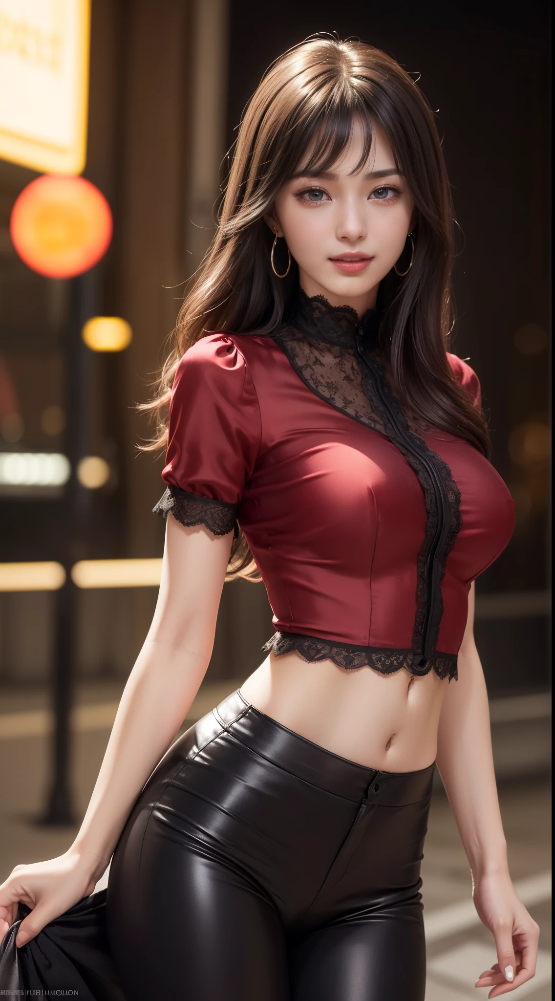 8k, masterpiece, RAW photo, best quality, photorealistic, extremely detailed CG unity 8k wallpaper, Depth of field, Cinematic Light, Lens Flare, Ray tracing, (extremely beautiful face, beautiful lips, beautiful eyes), intricate detail face, ((ultra detailed skin)) 1girl, in the dark, deep shadow, pretty Asian girl, idol, 1 girl, (very slim slender fit-muscled body:1.3), ((looking at viewer)),(big smile:1.3), (tight laced blouse), (short sleeve) , (city night, dark night, (neon sign), (blurred background), dim lights, cityscape, rooftops, beautiful earrings, bracelets, necklace, clear eyes, (pale skin), (big eyeace forward, ((upper body shot)), (black, red silk pantrown hairs), (silk blouse), laced jacket , (looking at viewer:1.3), open breast, (very slim), medium breasts, (see through),((flooming laced)), (camel toe), laced blouses, thick thighs, medium butt, (red color pants), turning back, back shot