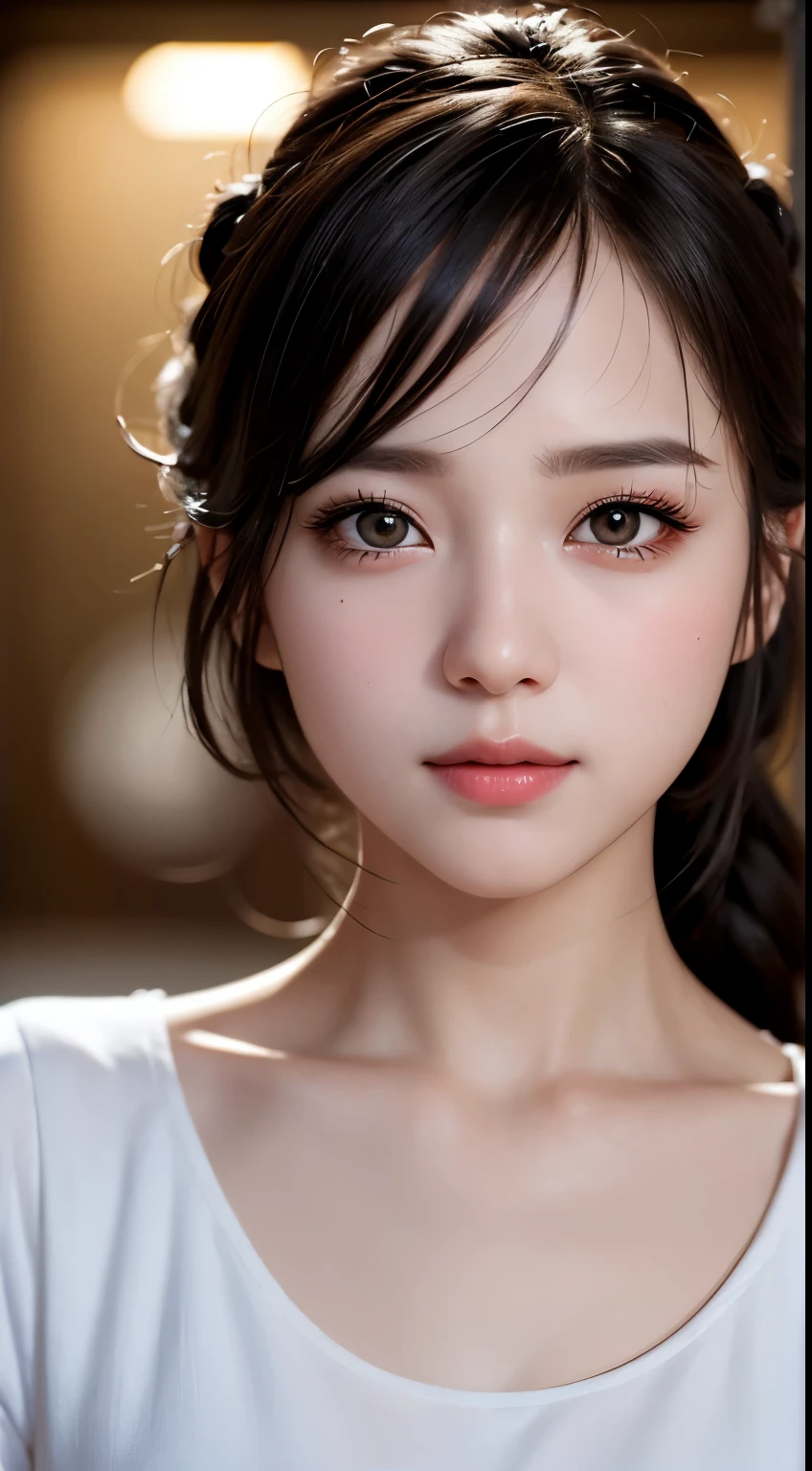 masterpiece, highest quality, Raw foto, photorealistic, smile, beautiful girl, cute, Hair up, Depth of the bounds written, High resolution, Super detailed, details, highly detailed eyes and face, mesmerizing black eyes, Realistic pupils, sharp focus, Cinematic lighting, upper part of the body, face on camera