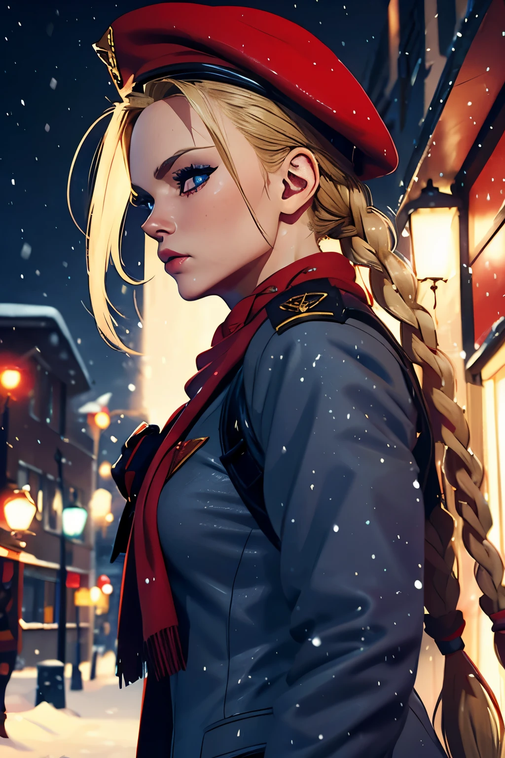 Photo of cammyst in a winter morning, snow falling, outdoor, cinematic, sparkle, with her long blonde hair, blue eyes, sexy winter coat, neck scarf, sexy pose, standing, a red beret, red beret, and sporting a stylish braid at each side of her head, looking directly at the camera, cleavage