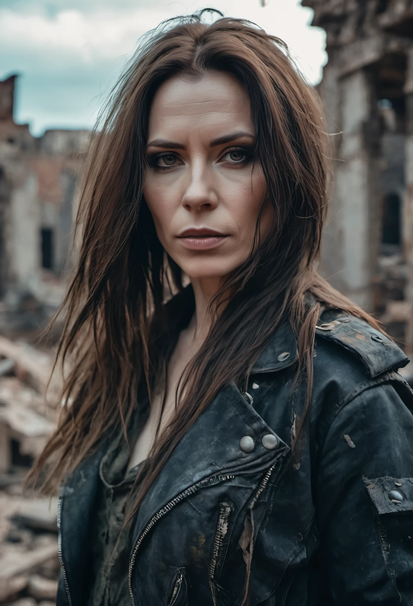 RAW photo, a close up portrait photo of brutal 40 y.o woman in wastelander clothes, long haircut, pale skin, slim body, background is city ruins, (high detailed skin:1.2), 8k uhd, dslr, soft lighting, high quality, film grain, Fujifilm XT3  