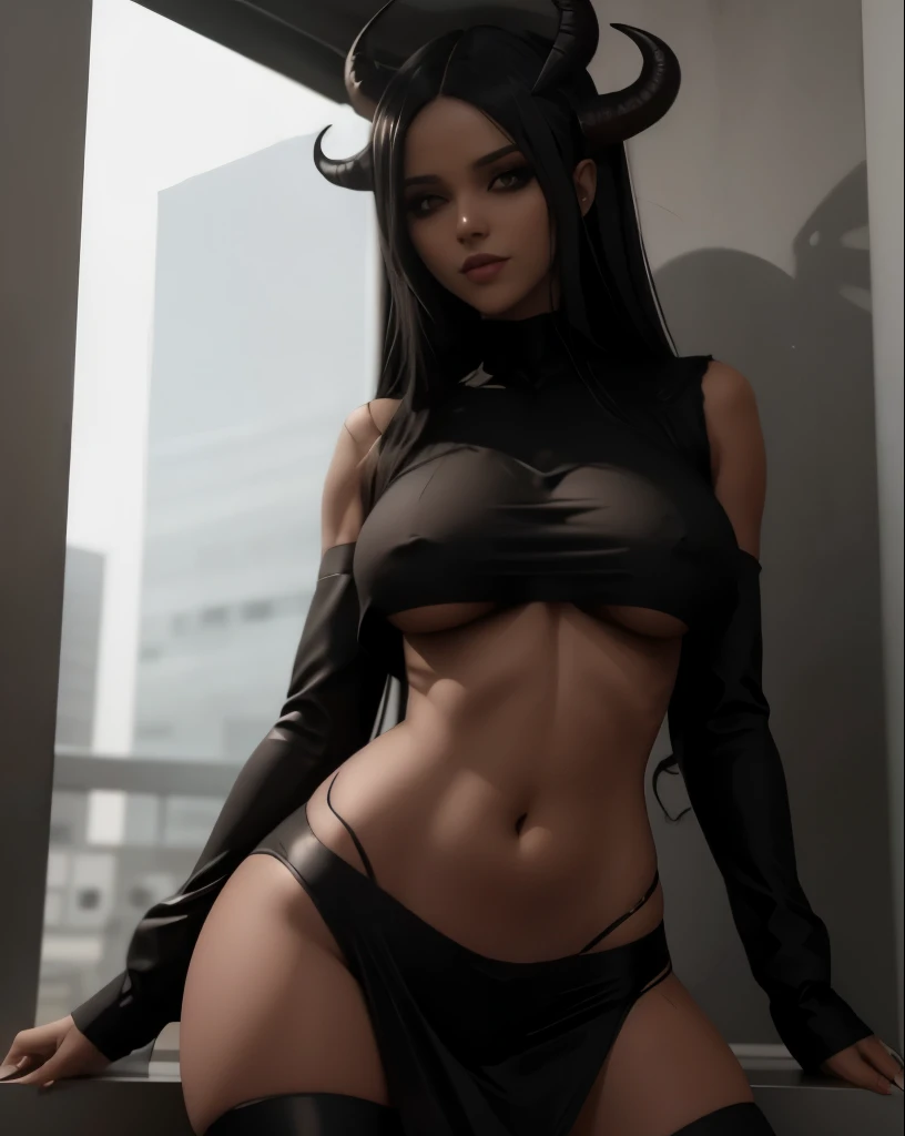 1solo, A beautiful succubus female demonic woman, linda e sensual, cabelo preto, olhos pretos, batom preto escuro, sombras, seduzindo, medium breasts, cintura fina, pernas grossas, vestido de renda preto sexy colado ao corpo, roupa preta colada com Decote provocante, demon tail, a beautiful woman cosplaying as a demon. Fundo escuro desfocado, fundo preto minimalista desfocado. Estilo dark, fotografia de corpo inteiro ultra realista e detalhada. Full HD, 4K, high resolution.
