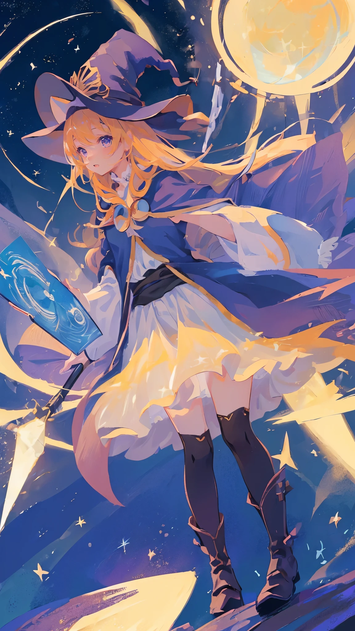 ((magic使いの女の子:1.5)), Full body shot,perfect face, beautiful face, highly detailed face,(long hair:1.3),(witch hat:1.3),boots,Witch's broom,magicの杖,book of magic,night sky,たくさんのstar,shine,Light,smile,magic,Sparkling,月Light,starの粒,star々,moonlight,流れstar