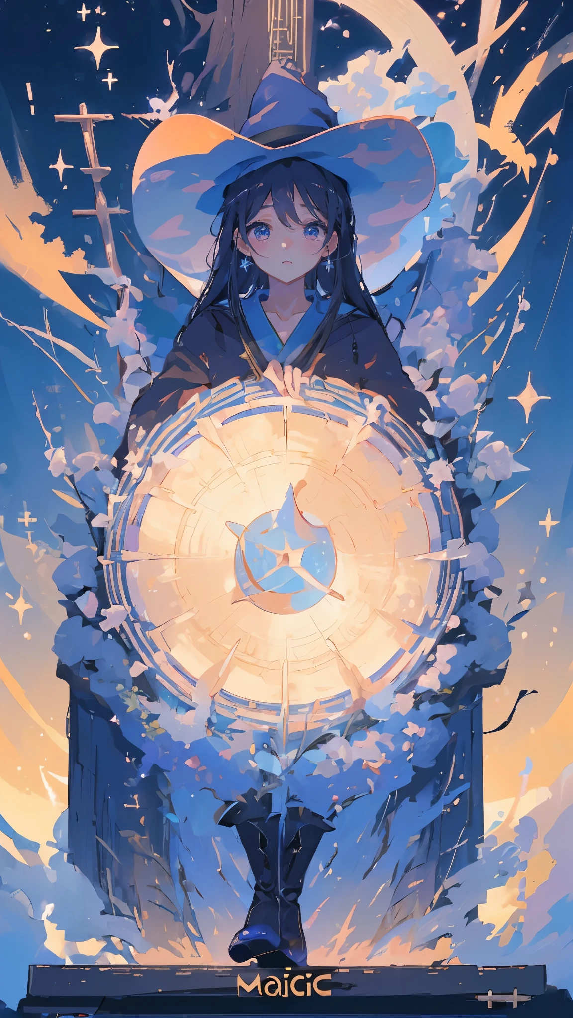 ((magic使いの女の子:1.5)), Full body shot,perfect face, beautiful face, highly detailed face,(long hair:1.3),(witch hat:1.3),boots,Witch's broom,magicの杖,book of magic,night sky,たくさんのstar,shine,Light,smile,magic,Sparkling,月Light,starの粒,star々,moonlight,流れstar
