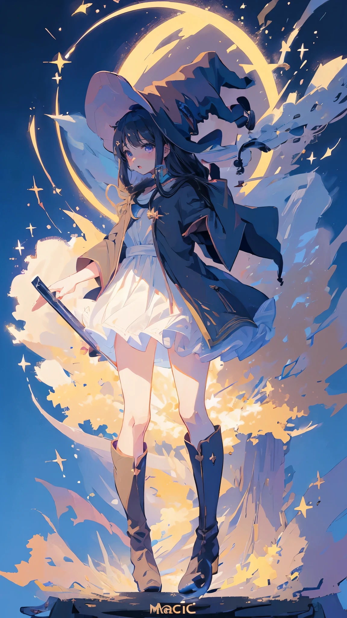 ((magic使いの女の子:1.5)), Full body shot，perfect face, beautiful face, highly detailed face，(long hair:1.3)，(witch hat:1.3)，boots，Witch's broom，magicの杖，book of magic，night sky，たくさんのstar，shine，Light，smile，magic，Sparkling，月Light，starの粒，star々，moonlight，流れstar