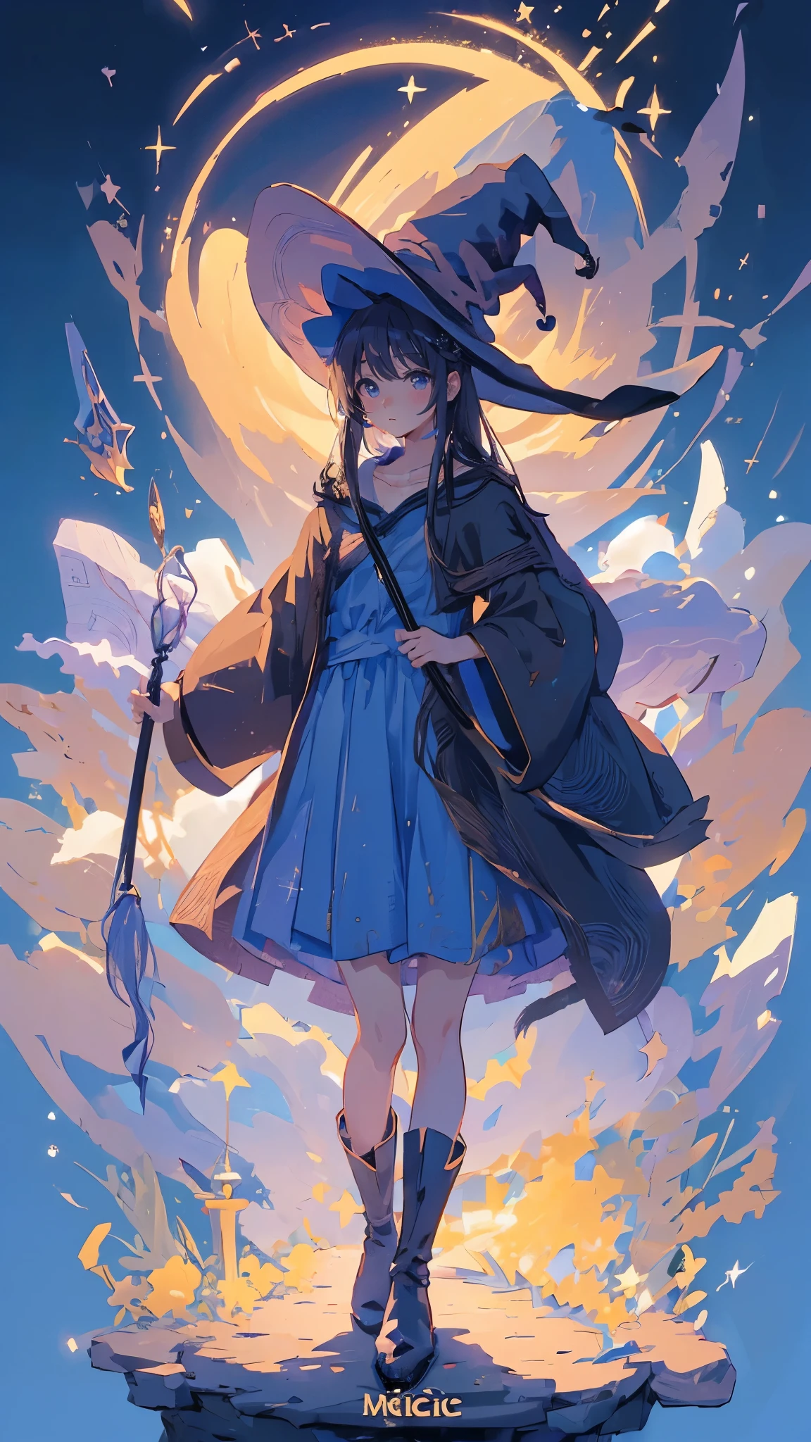 ((magic使いの女の子:1.5)), Full body shot，perfect face, beautiful face, highly detailed face，(long hair:1.3)，(witch hat:1.3)，boots，Witch's broom，magicの杖，book of magic，night sky，たくさんのstar，shine，Light，smile，magic，Sparkling，月Light，starの粒，star々，moonlight，流れstar