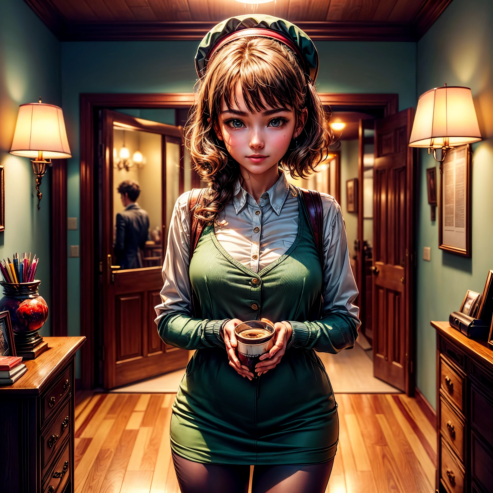 A fine girl, with black hair, she is wearing short shorts and a shirt, she's 18, her eyes are dark brown, coffee, she loves coffee, she is holding a cup of coffee, she is black, has dark skin, Globe World Earth (epic tMasterpiece, ultra highest quality, ultra highest resolution, ultra high-definition, distinct_image, very elaborate CG cinematic_lighting ray_tracing drop_shadows (photorealistic: 1.4), ultra high-quality textures fine-grained realistic face expression): (Epic gorgeous girl brown short hair bulb frange big sparkling eyes, Eye level shot, happy smile, beauty, slim body small size breasts, holiday, own room, console disco, computer, display, keyboard, mouse, long leather skirt, collared shirt, leather vest, handgun holder, carrying leather bag on your back, long boots, antique radio, coffee, model train, bookshelf, spacious yellowchair, Pots, fans, paintings, stuffed animals, ties, notebooks, stationery, vases, photo frames, letters, fountain pens, calendars, lamps, cushions, baskets, mirrors reflecting in profile, candles, telephone, fruit, newspapers, sweets, city Eiffel view outside the window), Pendulum clock frog, varied multi etc. --v6 --s1000 --c20 --q5 --chaos100