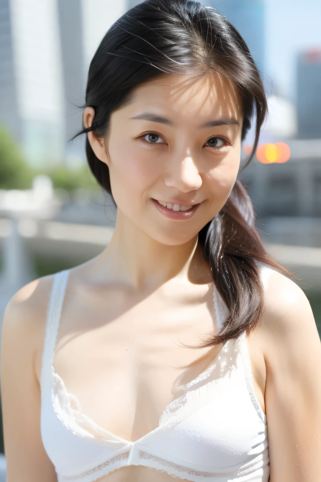 1girl, see-through blouse, short sleeve, tyndall effect, detailed face, looking at viewer, gentle smile, side lighting, (masterpiece:1.4), best quality, high resolution, cinematic lighting, (white flower:1.4) inside kintsugi lacquer vase, on water, (water reflection:1.2), super details, sharp focus, natural lighting, depth of field, vibrant, water ripples, (gigantic breast:1.2),
