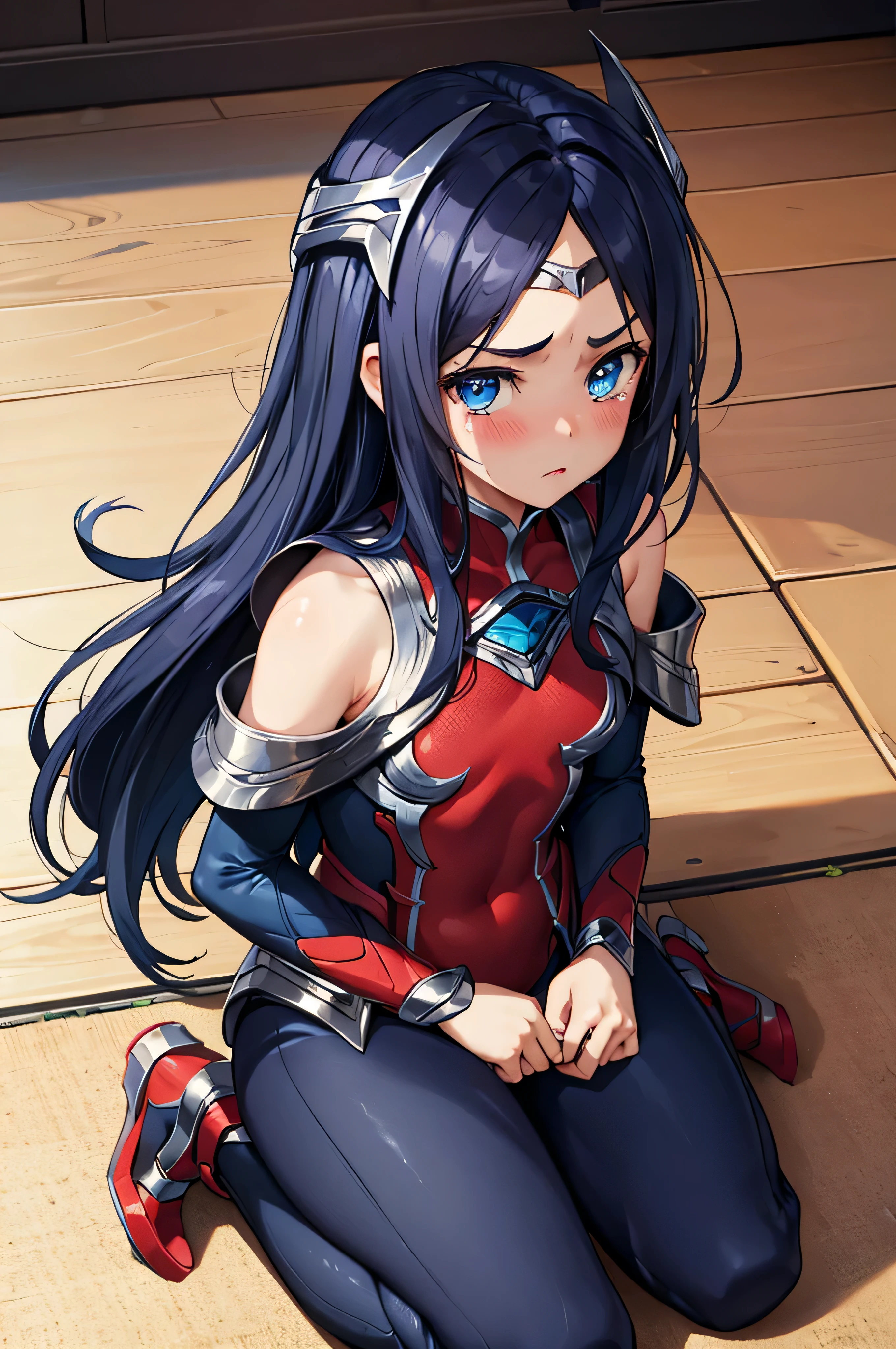 (masterpiece), best quality, expressive eyes, perfect face, highres, 1girl, solo, (small:1.5), kids, irelia, bodysuit, bare shoulders, forehead protector, hair ornament, armor, blushing, crying, sitting on floor, portrait, looking at the viewer,