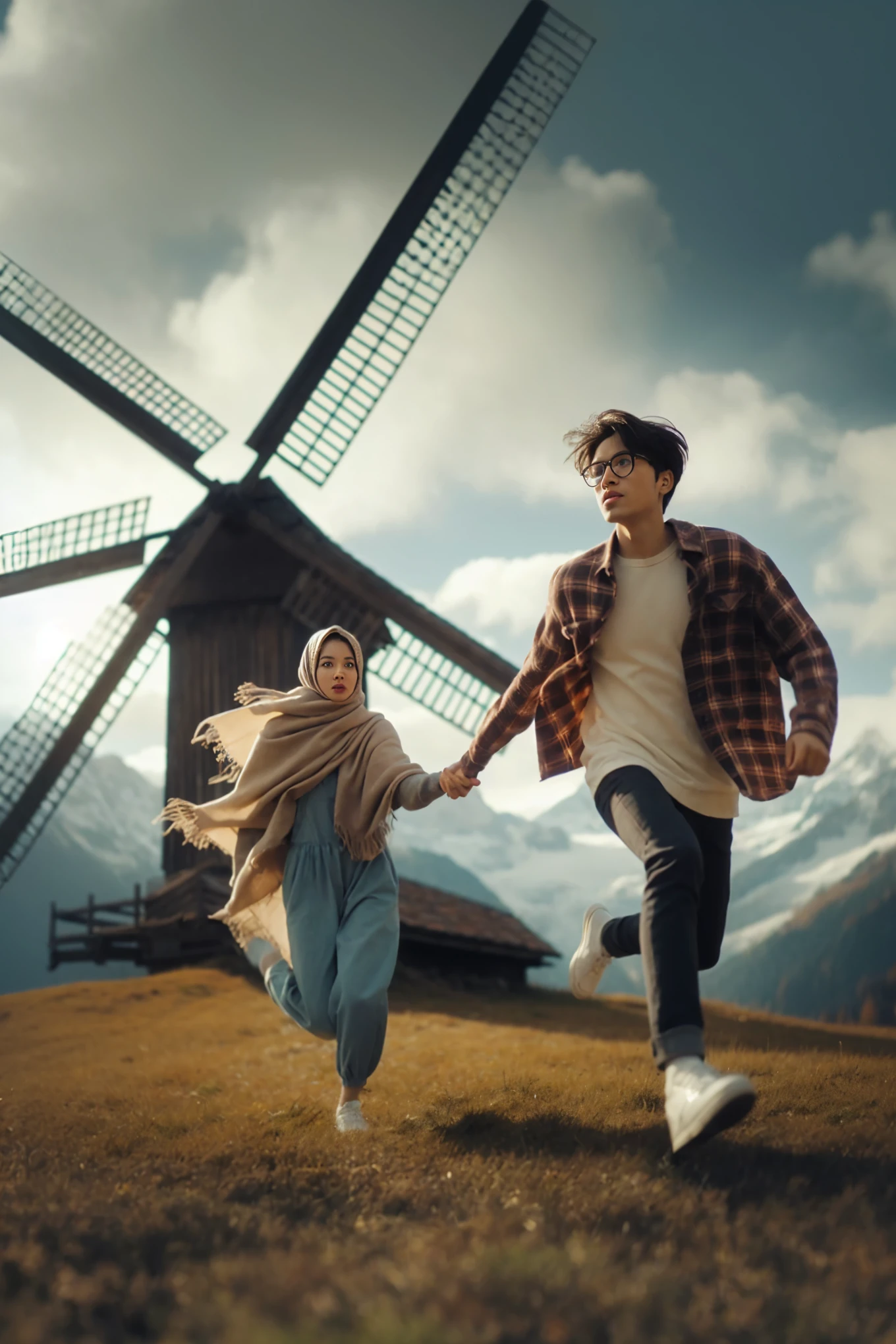 there is a man and woman running in front of a windmill, still from the movie, still from a music video, music video, screenshot from a movie, movie still 8 k, 8 k film still, award winning cinematic still, from 8 k matte, nostalgic 8k, cinematic photo, film promotional still, tv commercial, still from a live action movie