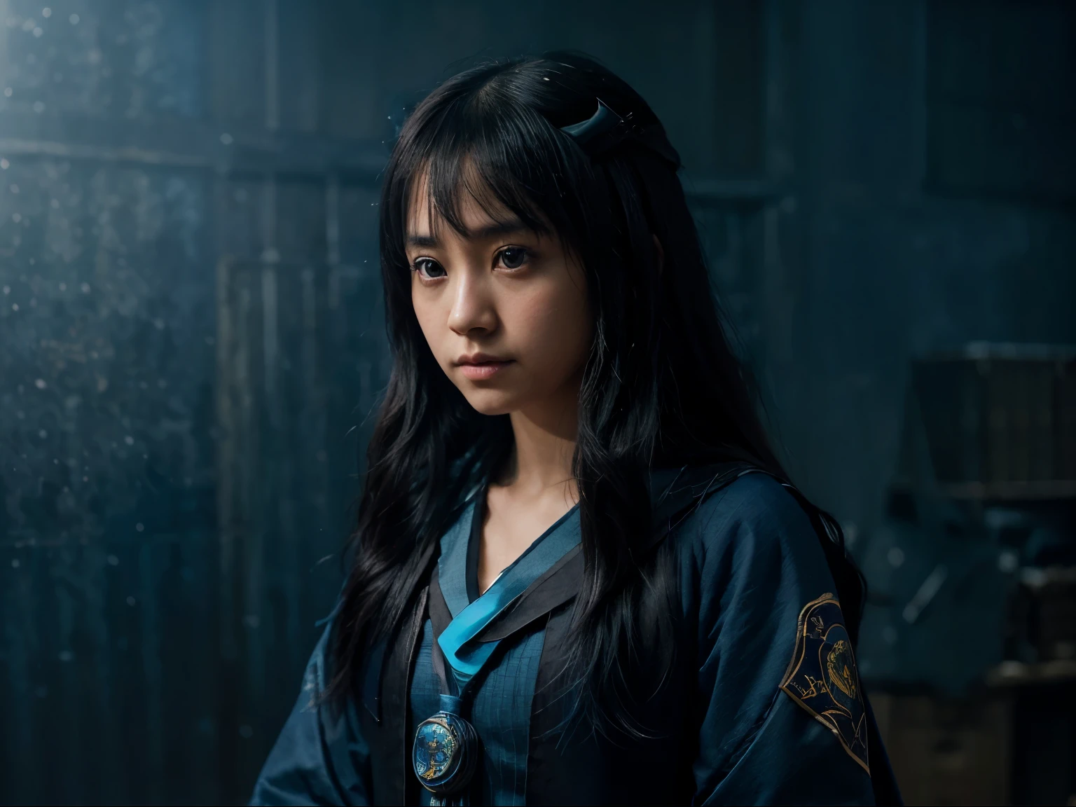 (Font face Sakamoto Mashiro k1per), (she is a Japanese girl asian girls), she is a wizard of Ravenclaw, Hogwarts, Ravenclaw of the eagles. Eagles blue. Ravenclaw badge is eagles, Blue uniform, rowena Ravenclaw. fantasy art, photorealistic, dynamic lighting, art station, poster, volumetric lighting, very detailed faces, 4k, 1 girl, in the light, deep shadow, low key, cowboy shot, (official clothing Hogwarts legacy of the Ravenclaw:1.4), long hair with bangs.