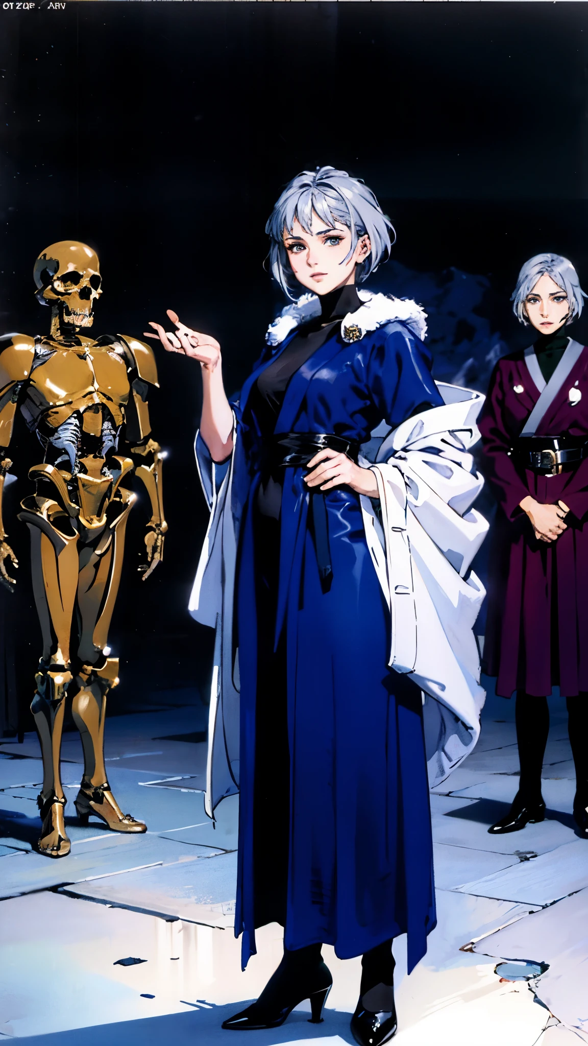 A woman with short silver-gray hair, thick bangs covering the right half of her face, delicate features, a serene expression, a simple floor-length gray-blue robe, with a thick white fur coat worn over it, long sleeves patterned like animal skeletons, standing amidst the falling snow of the mountains, this character embodies a finely crafted fantasy martial arts-style female cultivator in anime style, exquisite and mature manga art style, high definition, best quality, highres, ultra-detailed, ultra-fine painting, extremely delicate, professional, anatomically correct, symmetrical face, extremely detailed eyes and face, high quality eyes, creativity, RAW photo, UHD, 32k, Natural light, cinematic lighting, masterpiece-anatomy-perfect, masterpiece:1.5