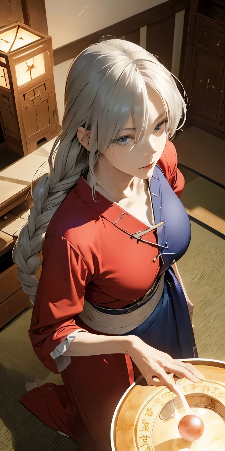 (masterpiece, best quality:1.3), (from above:1.3), Yagokoro Eirin, Touhou Series, perfect face, expressive eyes, 1woman, looking at viewer, 38 years old, gorgeous body, big breast, beautiful, anime, lora,1woman, silver hair, braid hair, nurse cap, red and blue clothes, long skirt, (evil look:1.5), (cinematic lighting, realistic, dream-like, enchanting atmosphere:1.5), (photo of a woman in her dark and mysterious environment:1.3), (the woman surrounded by an aura of mystery and intrigue:1.3), (japanese traditional mansion, inside, a maze of intricate shoji screens are arranged:1.3), (candles flickering, casting dancing shadows around the room:1.3), (the dim lighting adding to the ambiance of secrecy and mysticism:1.3), (a crystal ball nearby, adding to the mystical setting:1.3), (symbols of astrology and esoteric knowledge decorating the room:1.3), (a hint of incense in the air, adding to the sensory experience:1.3), 