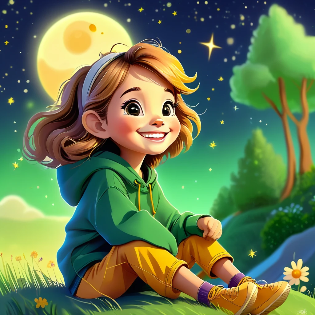 #character Illustration prompt for a children's story. A charming smiling girl seated on a green hill in the warm month of July wears a honey-colored hoodie. Realistic preety girly cartoon face. Open eyes. The hood has a mane with a lion's head attached. The scene is surrounded by a starry night sky, all in a whimsical, realistic fairy-tale style