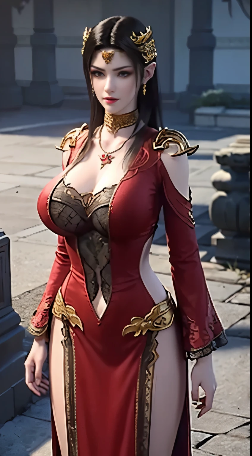 ultra realistic 8k cg, flawless, clean, masterpiece, professional artwork, famous artwork, cinematic lighting, cinematic bloom, perfect face, beautiful face, fantasy, dreamlike, unreal engine 5, science fiction, lace, lace trim, lace-trimmed legwear, luxury, jewelry, diamond, gold, pearl, gem, sapphire, ruby, emerald, intricate detail, delicate pattern, charming, alluring, seductive, erotic, enchanting, hair ornament, necklace, earrings, bracelet, armlet,halo,autumn. ((,1girl, pov,best quality,)) ,((((,1girl, solo, huge fake breasts:1.5, goddess dress, half body, looking at viewer, standing))))