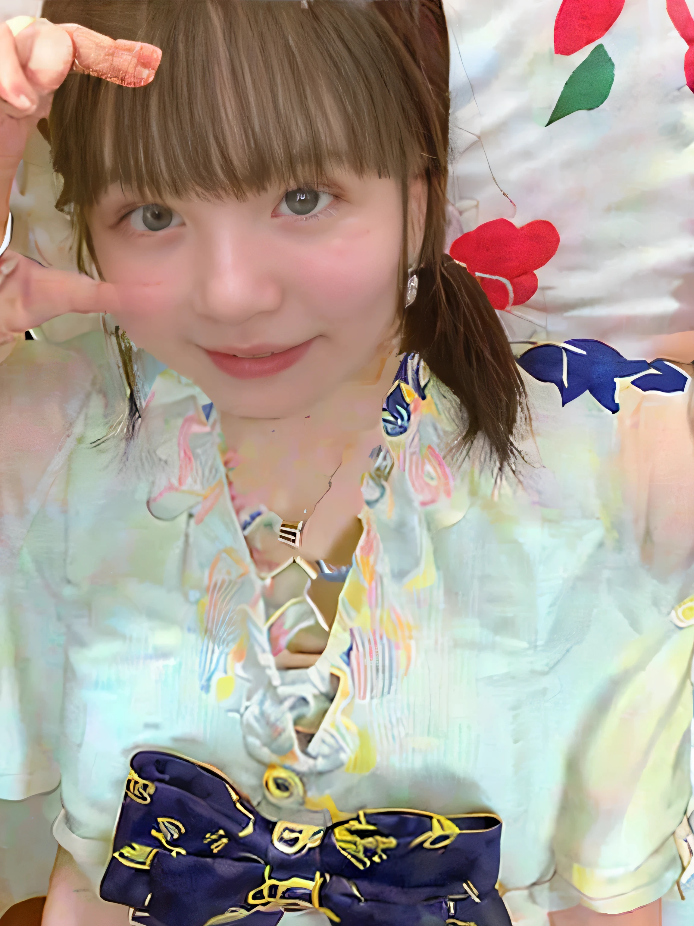 (8k、RAW photo、best image quality、masterpiece:1.2)、(genuine、フォトgenuine:1.37)、Super detailed、ultra high resolution、girl、1 person、eyes that look at the viewer、Beautiful face in every detail、smile、narrow、(thin waist):1.3)、Fine and beautiful skin、skin texture、fluttering hair、professional lighting、as a whole human body、Japanese high school uniform、high school sailor suit、cleavage、Children'my room、bed、no makeup、shortcut、twin tail hairstyle、F cup、幸せそうなsmile、16 years old、おNavel exposure、Navel exposure、Pose that emphasizes the chest、chest、大きなchest