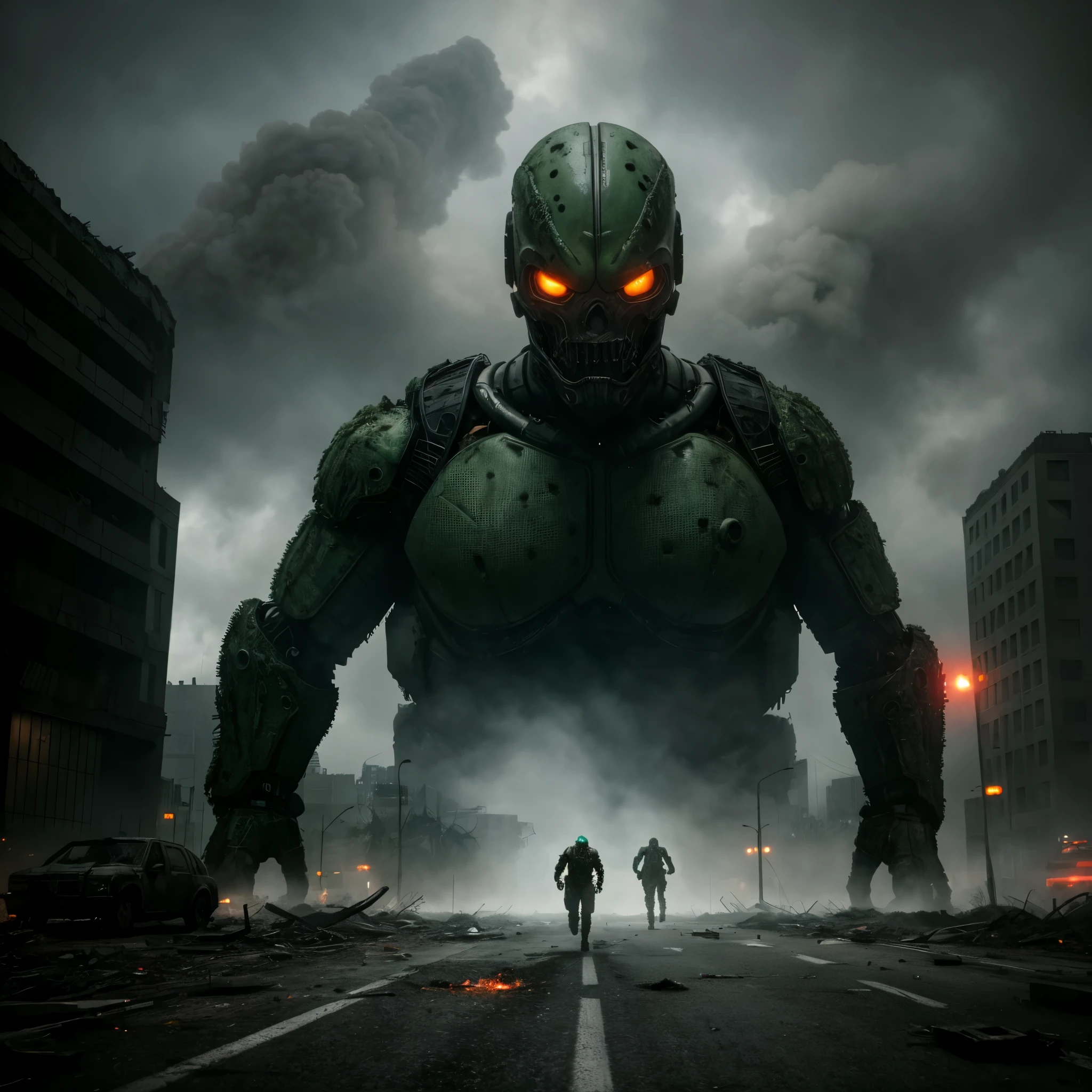 a giant cyborg-monster with a lizard body, Spitting green acid on the floor, devastated city, ultra-detailed, huge size, destructive nature, Sinister presence, fierce expression, intense gaze, Defaced Buildings, destroyed vehicles, Ruined infrastructure overrun by vegetation, plants and flowers, dark and gloomy atmosphere, Smoke and debris filling the air, epic battle scene, terrified fleeing humans, twisted metal and broken concrete, desolate streets, foggy silhouette of the monster, apocalyptic scenery,surreal lighting, Ominous clouds, decayed foliage, Ominous shadows, muted colors, Texture of decaying structures, Post-apocalyptic monstrosity, realistic style, (masterpiece, top quality:1.2), super detailed, cinematic lighting, HDR, people running from the monster, humans terrified, fear, screaming, panic