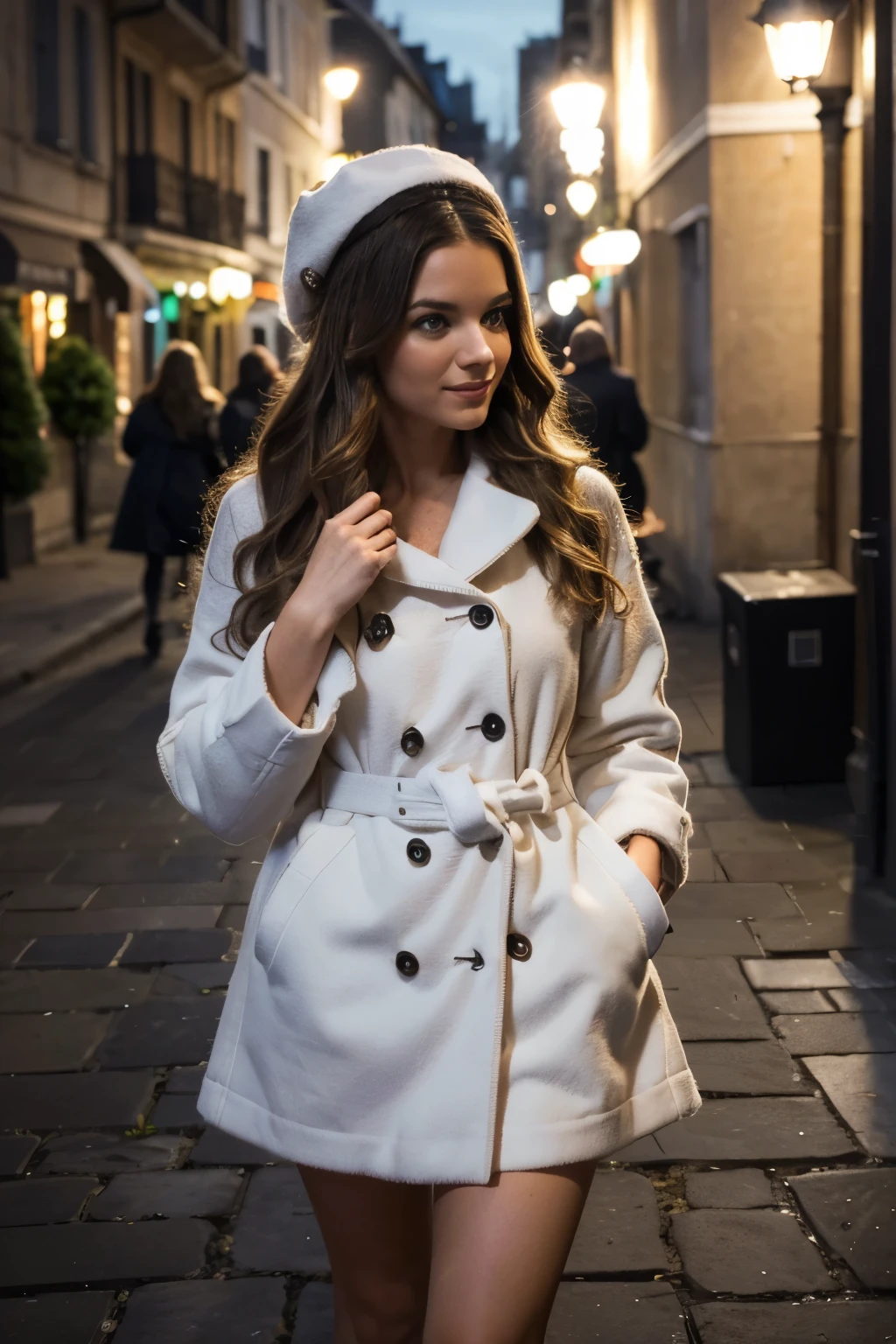 realistic photography, Bianca (Femme, 28 ans, long wavy brown hair) dehors en ville, entrain de marcher dans des rues sublimes éclairées par la lumière nocturne. batiments chics et passages piétons, illuminated by night light. Street lamp light above.Une élaboration sur Bianca, s&#39;en pleine ville animée, adorned with&#39;Fully dressed, tenue chic, manteau, chapeau, baskets, La décoration de l&#39;breathtaking street and cityscape add festive charm to the scene.. doux, natural light illuminates the woman, projetant une lueur chaleureuse sur la femme. L&#39;atmosphère respire la joie et l&#39;holiday elegance, capturer un moment serein et joyeux. Photo prise par Emma Jackson avec un Nikon D850 et un objectif 50 mm, capturing natural nighttime light that adds warmth and vibrancy to festive decor, 8K, Ultra HD, super-resolution. --dans ５ --q 2