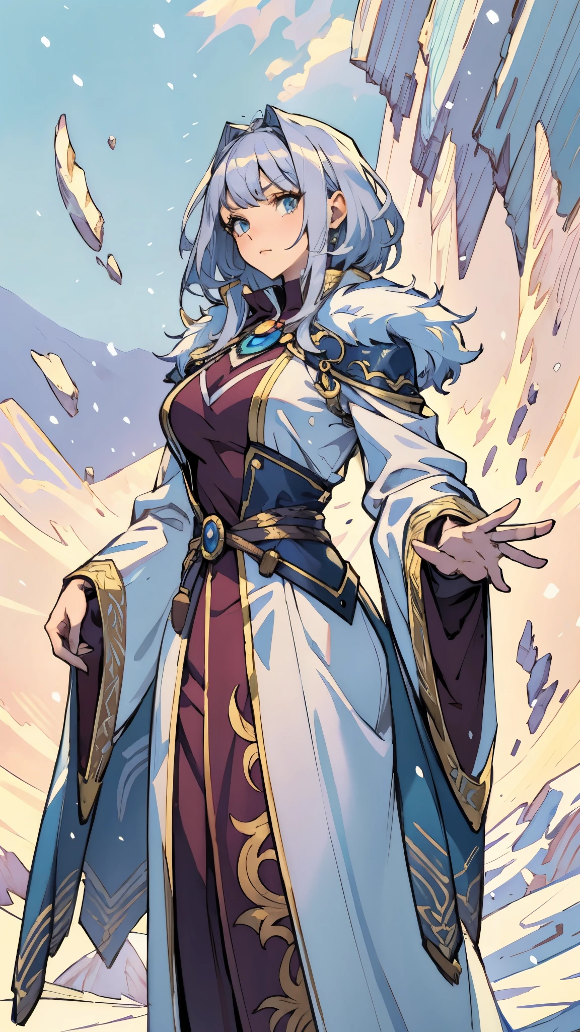 A woman with short silver-gray hair, thick bangs covering the right half of her face, delicate features, a serene expression, a simple floor-length gray-blue robe, with a thick white fur coat worn over it, long sleeves patterned like animal skeletons, standing amidst the falling snow of the mountains, this character embodies a finely crafted fantasy martial arts-style female cultivator in anime style, exquisite and mature manga art style, high definition, best quality, highres, ultra-detailed, ultra-fine painting, extremely delicate, professional, anatomically correct, symmetrical face, extremely detailed eyes and face, high quality eyes, creativity, RAW photo, UHD, 32k, Natural light, cinematic lighting, masterpiece-anatomy-perfect, masterpiece:1.5