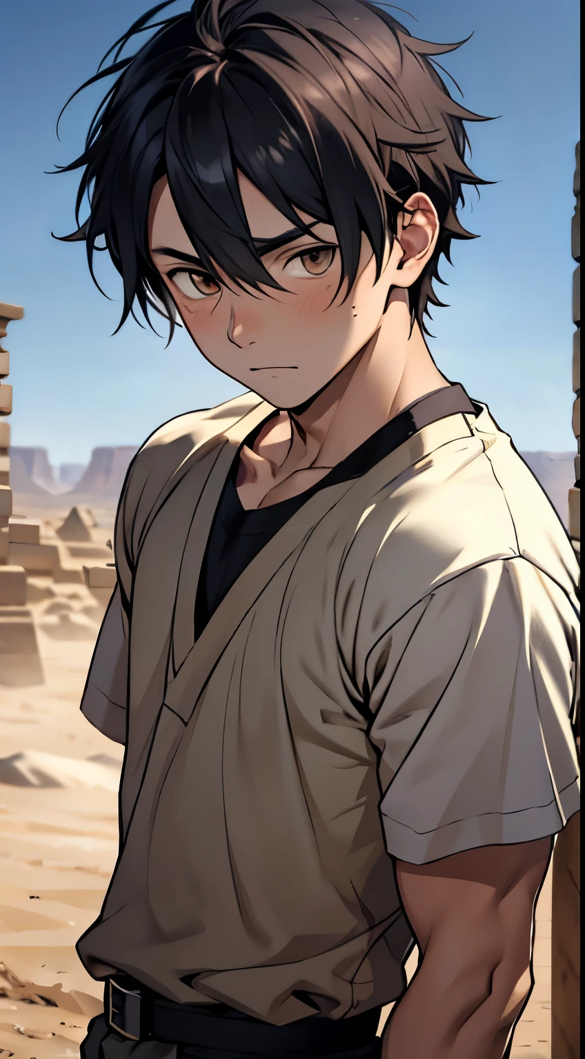 (masutepiece, Best Quality),1boy,(16 year old boy,-faced),ancient Egyptian,delicate big eyes,Open your eyes,smooth and delicate skin,infancy,young age,short round face,Flat chin,finely detaild face,Muscular arms,shorth hair,vivd colour,(depth of fields:1.2),looking at viewert,A desert, erection