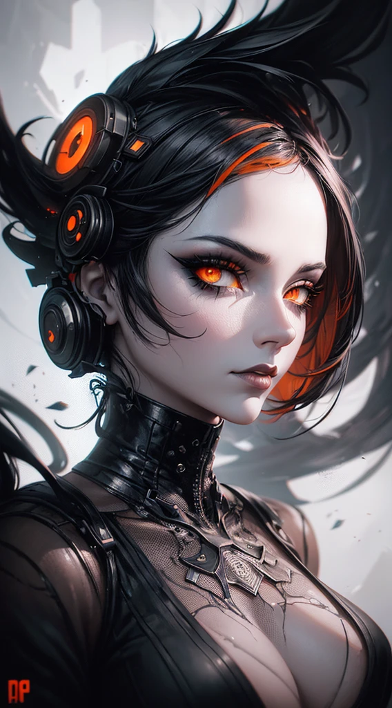 a digital painting of a woman with black and white makeup, cyberpunk art by Anna Dittmann, cgsociety, gothic art, dystopian art, detailed painting, behance hd, deep photography, Ilford HP5 film, crushed blacks, depth of field, dark photo, film grain, shadows, natural light, orange eyes.
