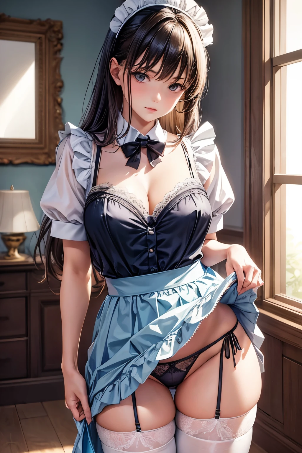 the woman is wearing a Maid clothes standing up on the floor, solo, panties, underwear, skirt, lacy light blue panties, side-tie panties, satin panties, lying, thighhighs, skirt lift, realistic
